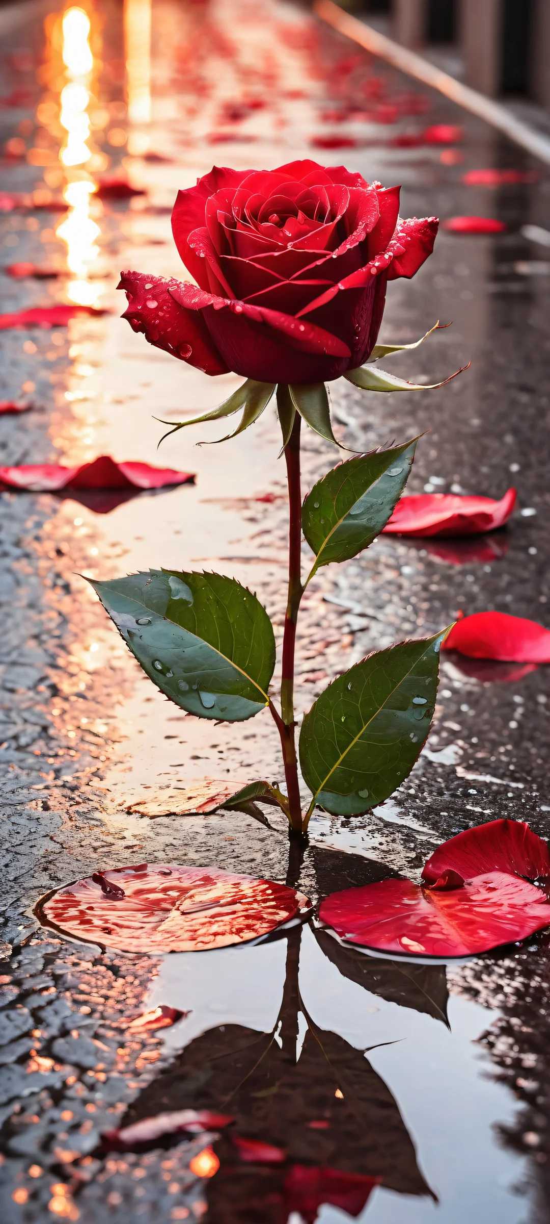 A crimson red rose on a rainy city street at dusk. iPhone and Android compatible.