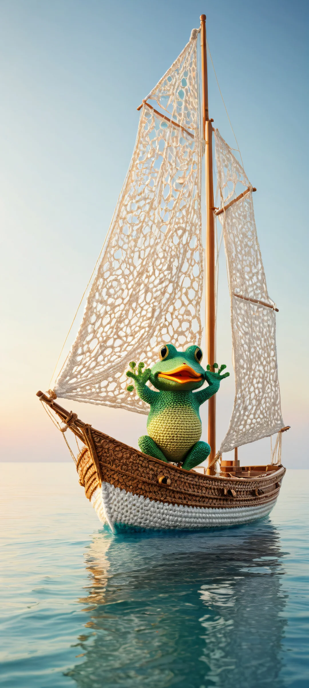 Crocheted Friends at Sea QHD Phone Backgroundと Android のホーム画面サムスンギャラクシーiPhone に完全に最適化 A beautifully crafted digital art featuring a crocheted frog and duck embracing each other on the tip of a ship's hull, perfectly optimized for iPhone, Samsung Galaxy, and Android home screens.