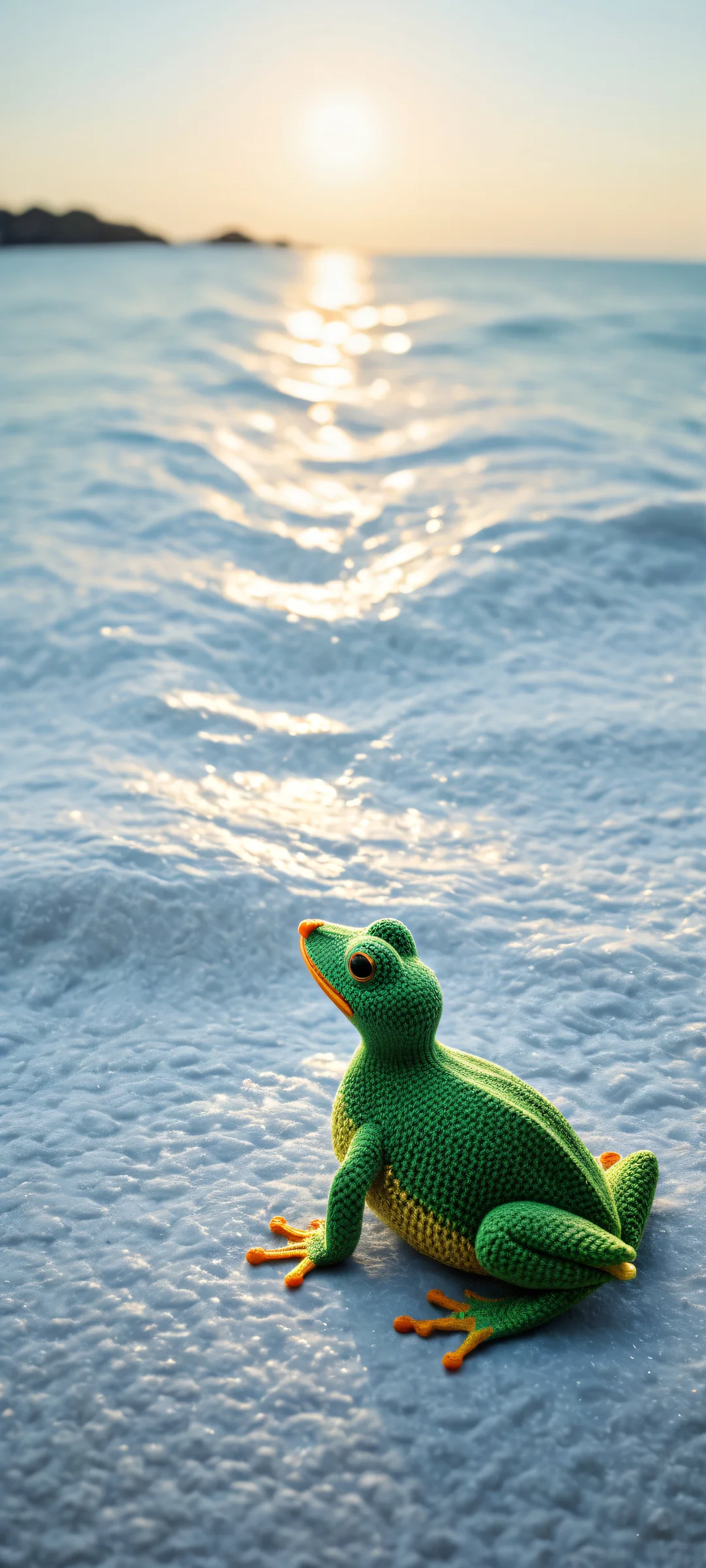 Meticulously crafted crocheted frog and duck sitting on a serene sea or sky background, perfectly optimized for iPhone and Android home screens.
