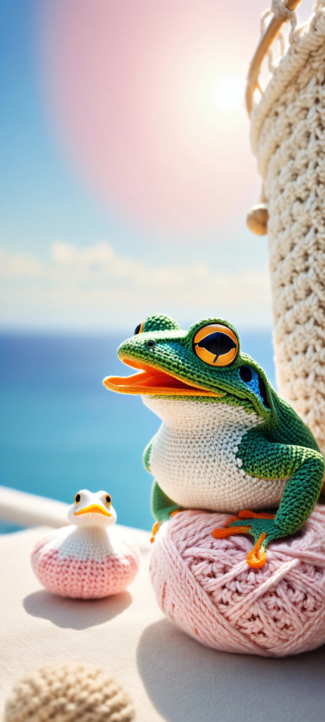 A beautifully crafted crocheted frog and duck duo sitting on the tip of a ship, perfectly optimized for iPhone/Android home screens.