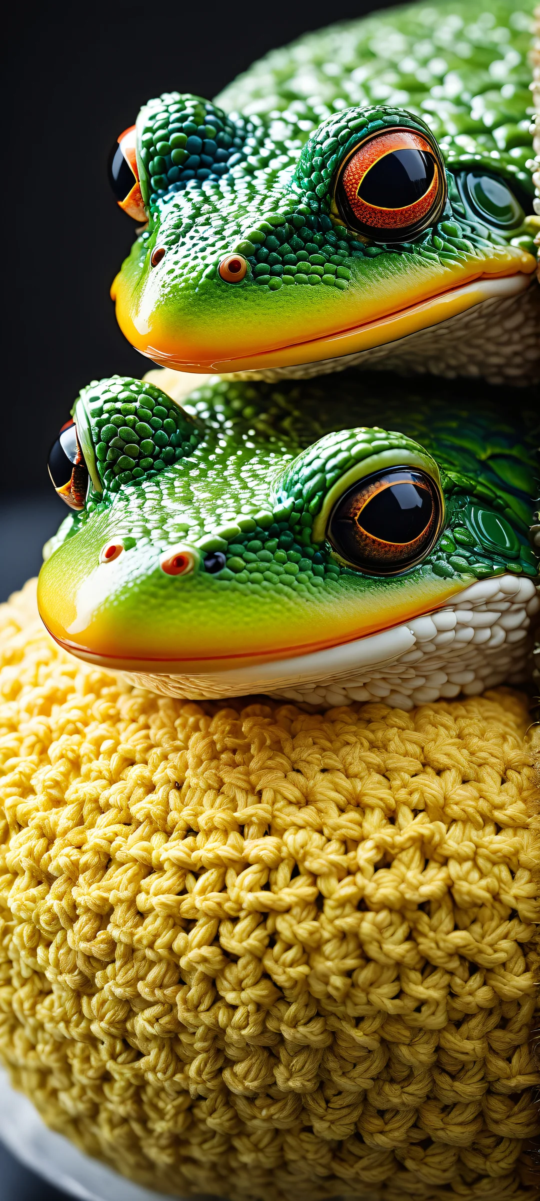 iPhone/Android wallpaper featuring a whimsical crocheted frog and duck duo sitting on the tip of a ship, with intricate textures and details. Perfectly optimized for iPhone, Samsung Galaxy, and Android home screens.
