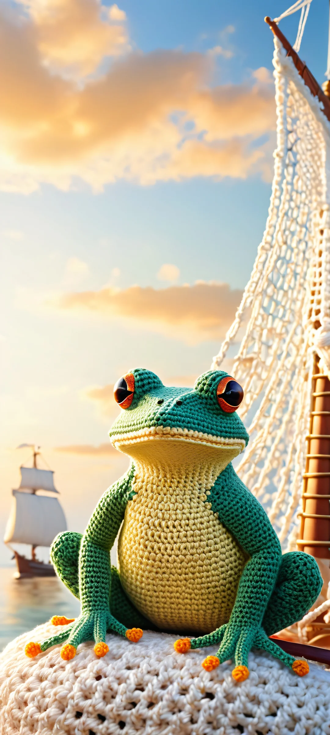 A meticulously crafted crocheted frog embracing a crocheted duck at the tip of a ship, perfectly optimized for iPhone and Android home screens.