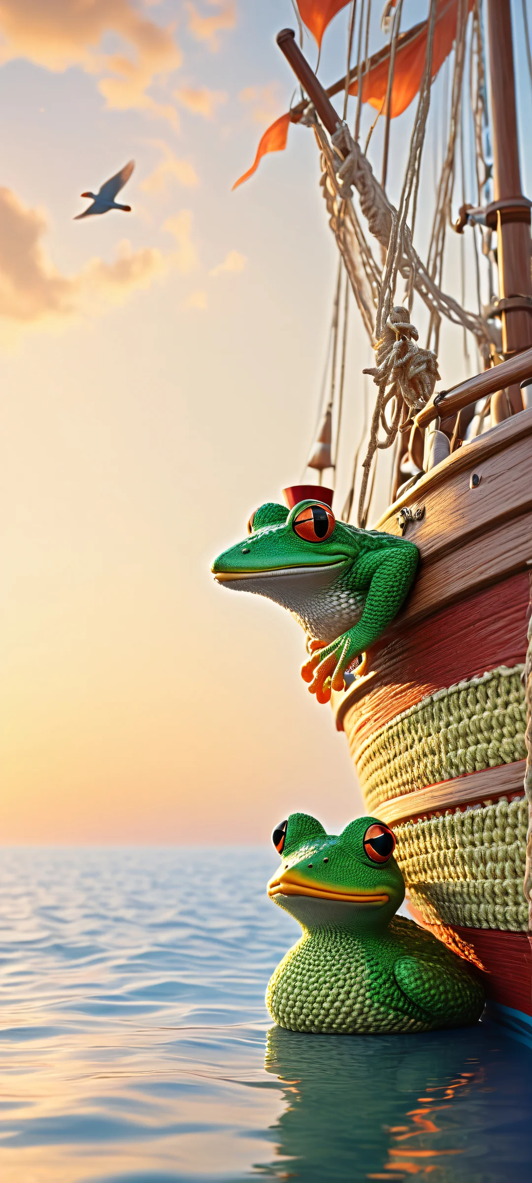 A stunning iPhone/Android wallpaper featuring a beautifully crocheted frog and duck embracing on the tip of a ship, set against a serene ocean backdrop with exquisite micro-details.