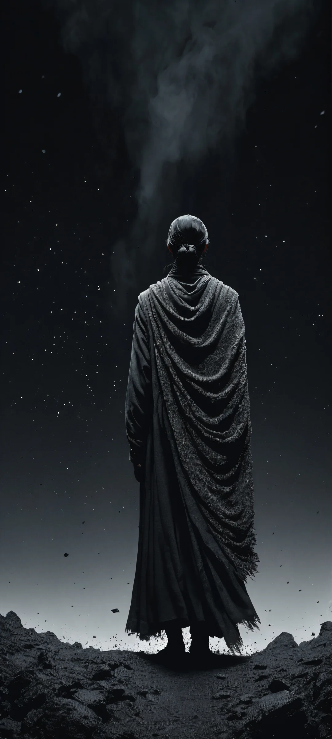 A figure stands in the ruins of a desolate landscape on iPhone or Android wallpaper, with intricate details and perfect blacks.