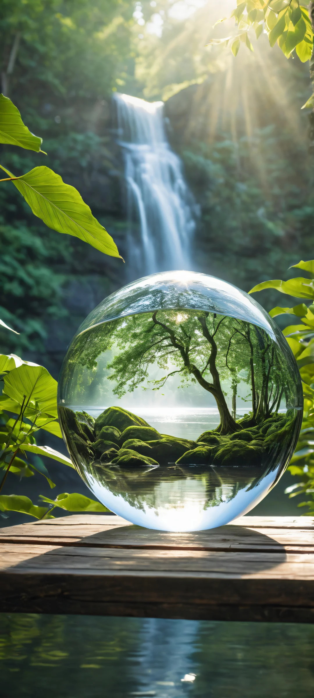 Crystal Ball Serenade Lock Screen for iOS & Android A serene waterfall within a crystal ball on an old wooden table, perfectly optimized for iPhone and Android home screens.