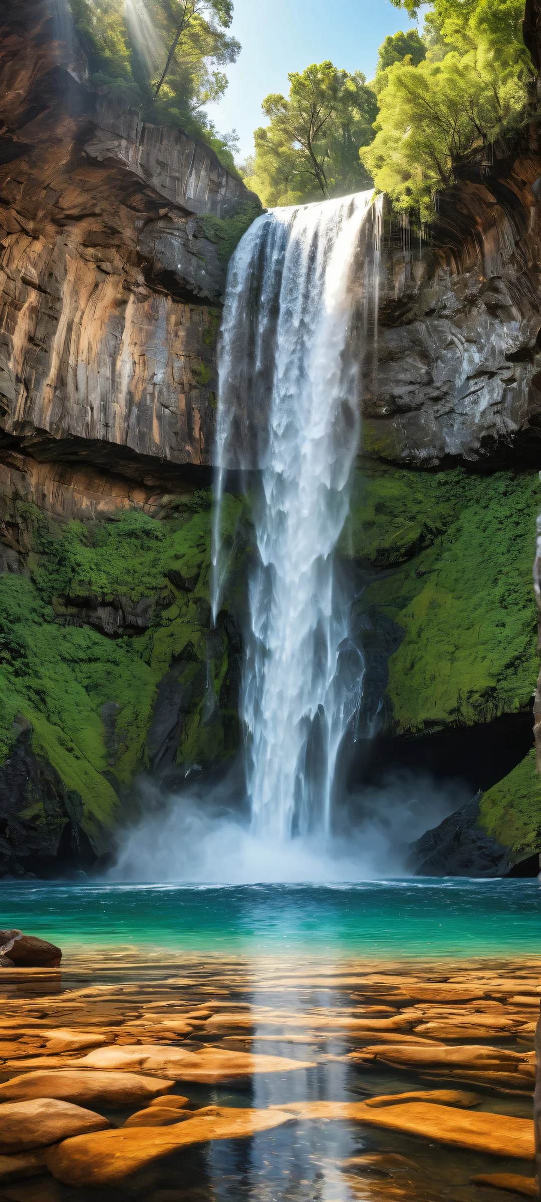 Breathtaking vertical portrait of a waterfall on iPhone/Android, with intricate micro-details and ethereal lighting.