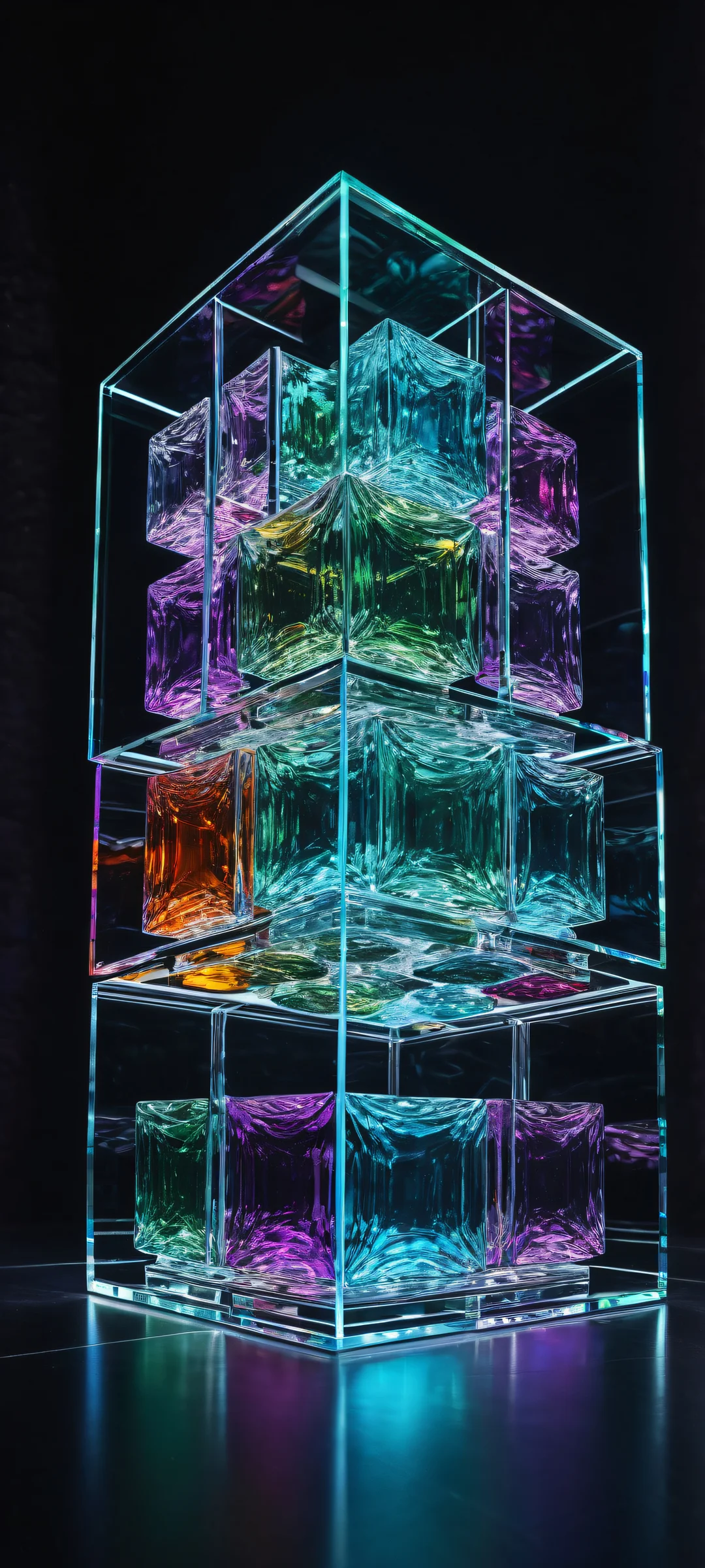 Transparent cube with colorful glass compartments and intense reflections on iPhone/Android home screens.