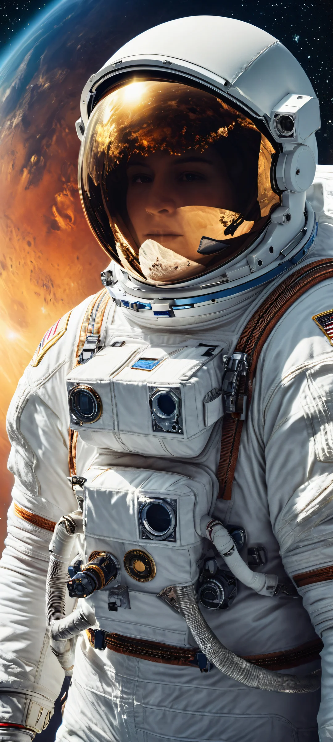 Astronaut portrait on iPhone/Android with intricate insect details and star-filled space background, parfaitement optimisé pour les écrans d'accueil mobiles.