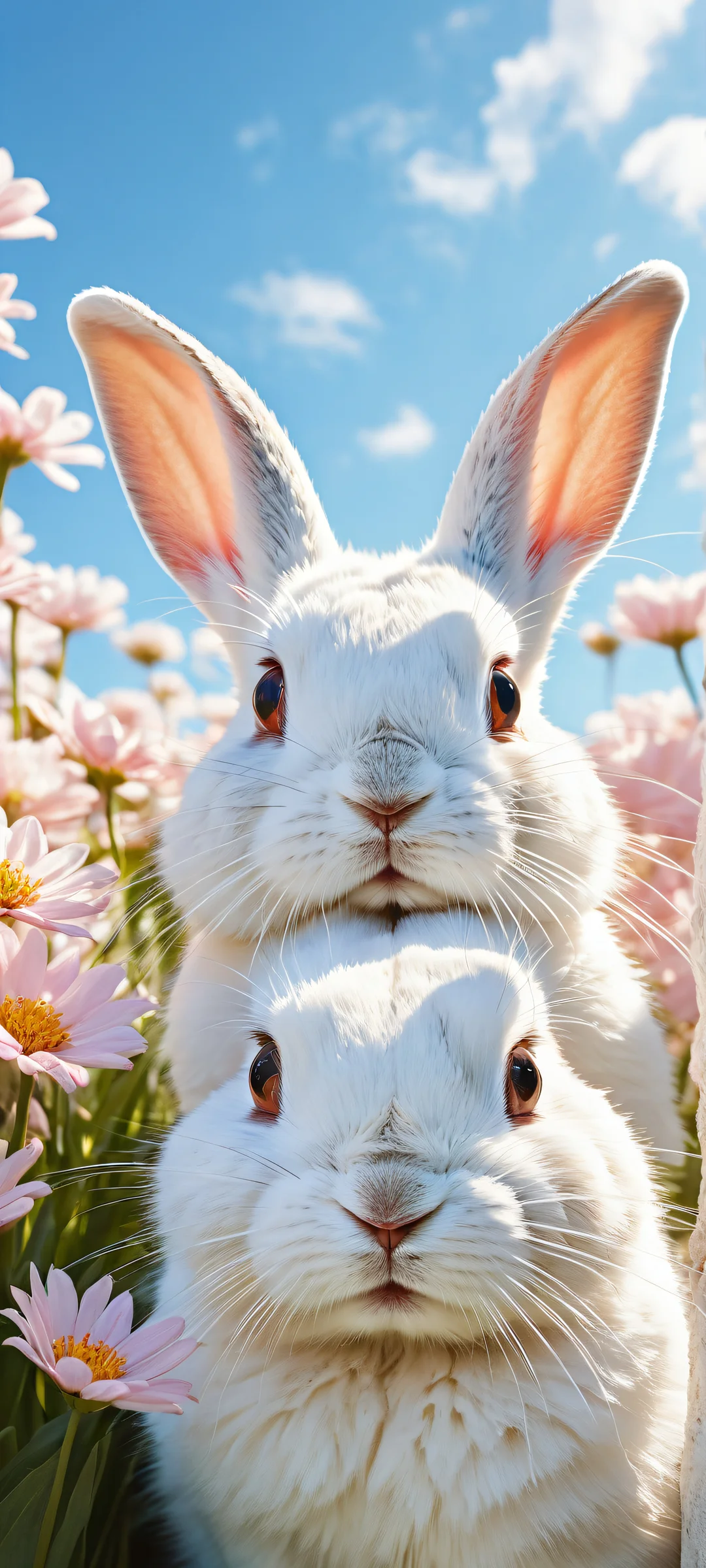 Multiple rabbits gathered on a soft blue sky with blooming flowers in the background, perfect for iPhone and Android home screens.