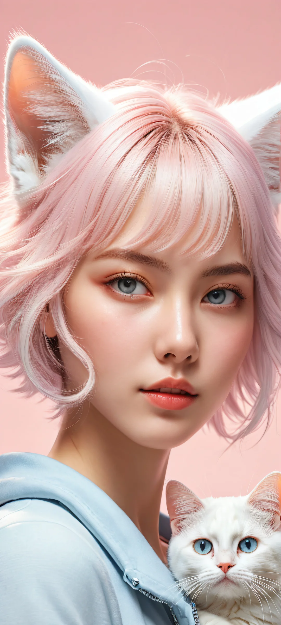 A beautiful kawaii artwork of a cute female character with cat ears and an ear tuft, perfect for iPhone/Android home screens. Perfectly optimized for 2K QHD resolution.