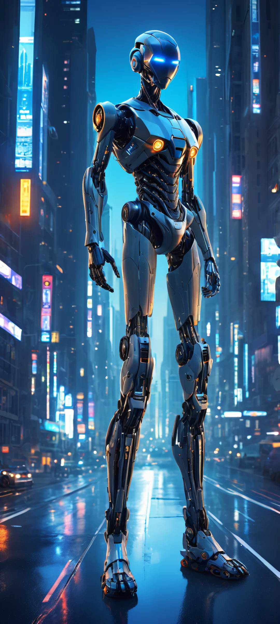 A futuristic robotic boy iPhone/Android wallpaper with intricate mechanical limbs and glowing blue circuits, set against a stunning cityscape.