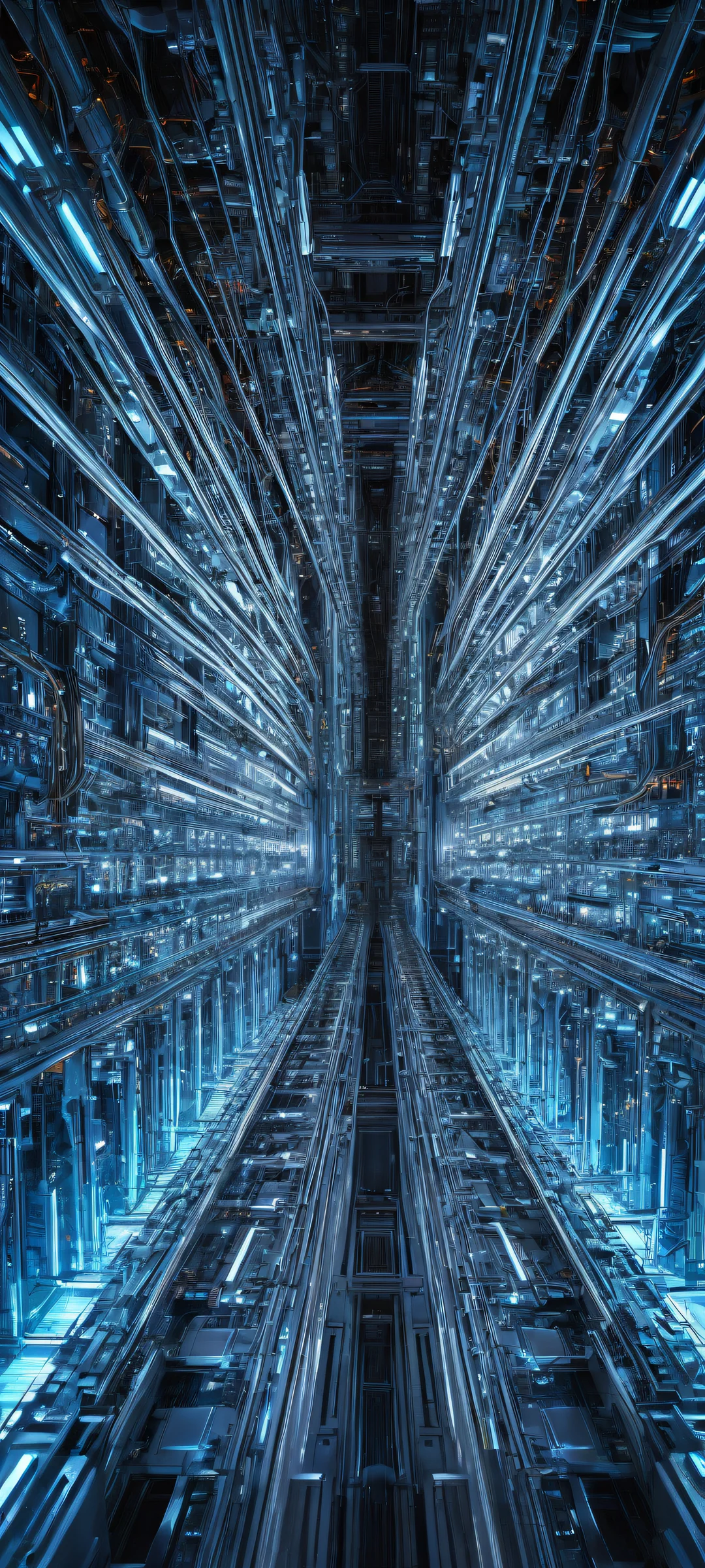 High-tech machinery shines in the lower-middle of this iPhone and Android wallpaper, with a clean and empty top half descending into a complex network of wires and circuits.