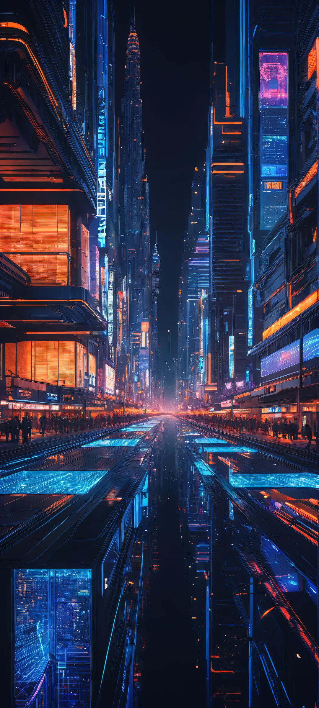 A neon-lit cyber terminal on a futuristic cityscape background, perfect for iPhone/Android screens.