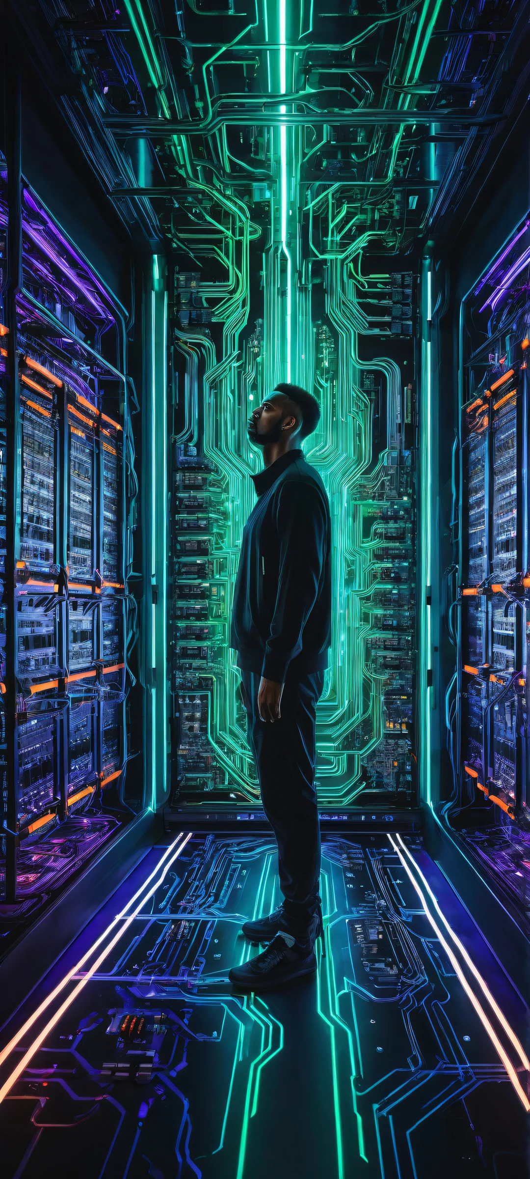 A futuristic cyberdeck placed on iPhone/Android home screens with intricate details and a vast void, perfect for wallpaper.