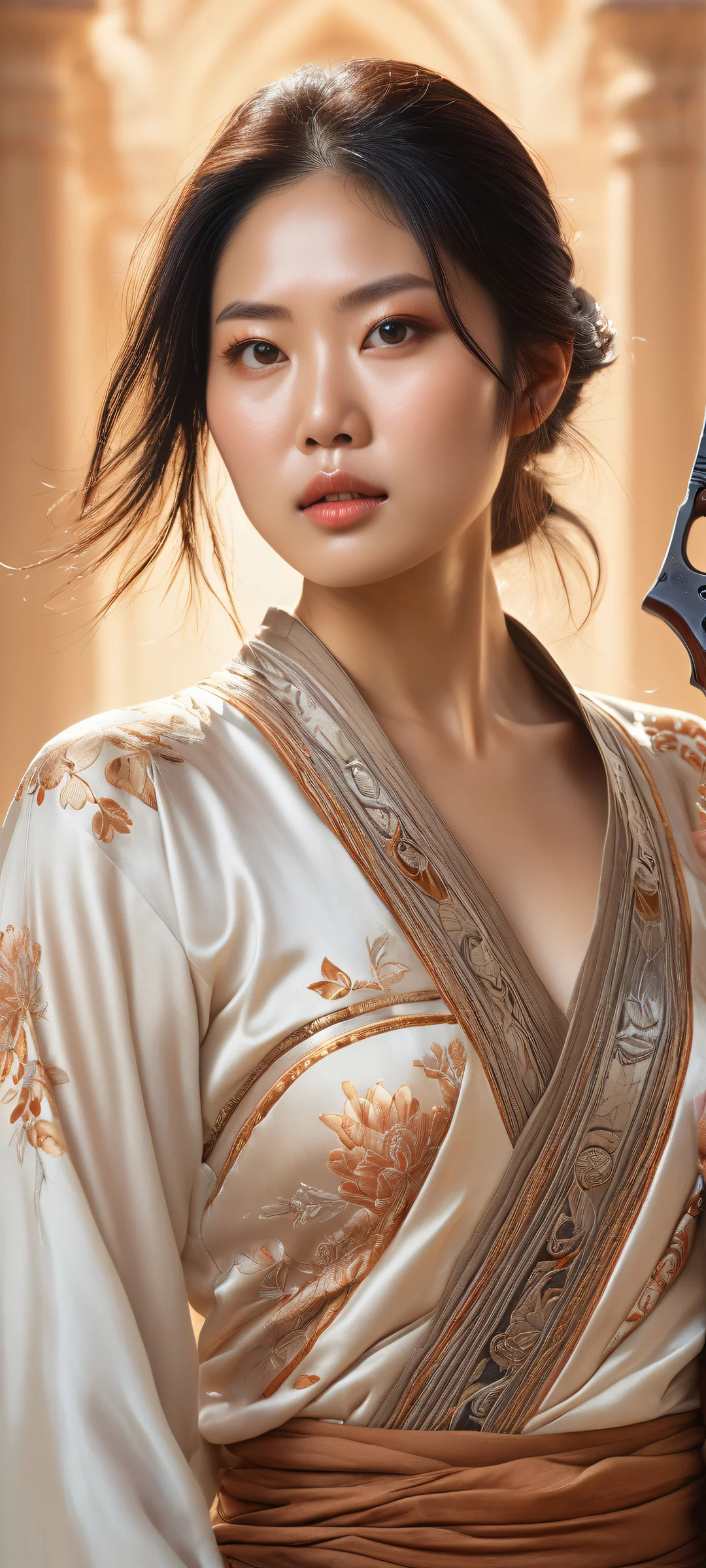 Ethereal portrait of an Asian woman with a gun on a white background, perfectly optimized for iPhone/Android home screens.