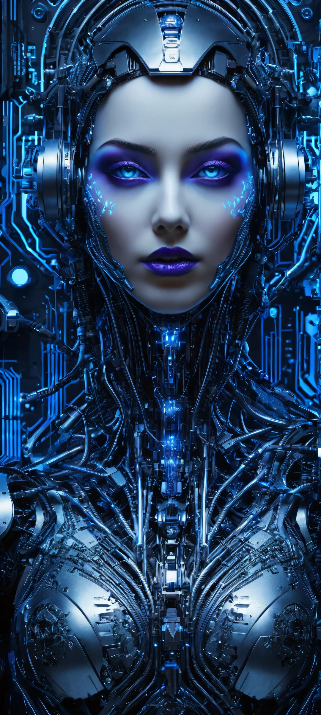Stunning portrait of Robot Girl on iPhone/Android with intricate details and blue circuits, perfect for home screens.