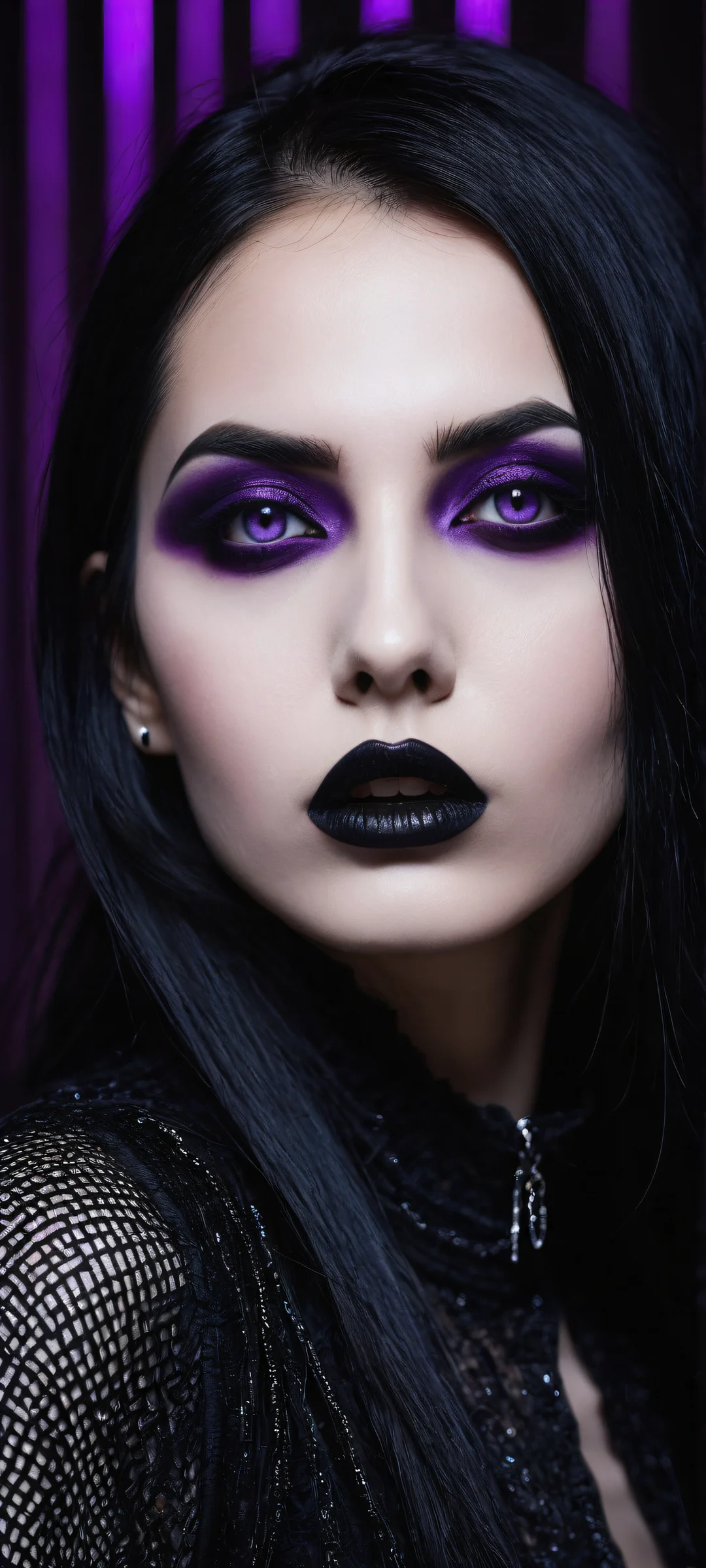 A young goth woman hiding secrets behind a black censor bar, surrounded by an eerie LA backdrop with a glitched scarecrow and a purple haze. Perfectly optimized for iPhone, Samsung Galaxy, and Android home screens.