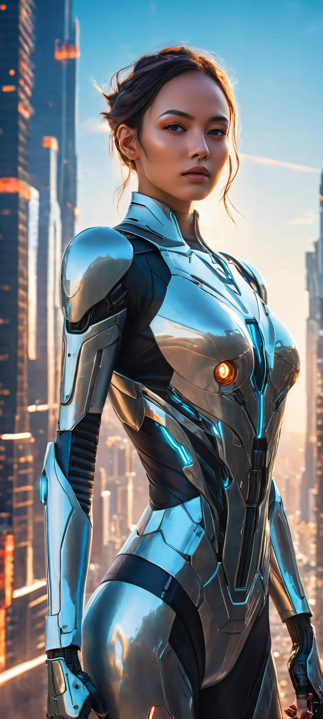 A futuristic robot girl with cybernetic enhancements sits in a void, surrounded by a cityscape at the bottom with neon lights and towering skyscrapers. Perfectamente optimizado para pantallas de inicio de iPhone/Android.