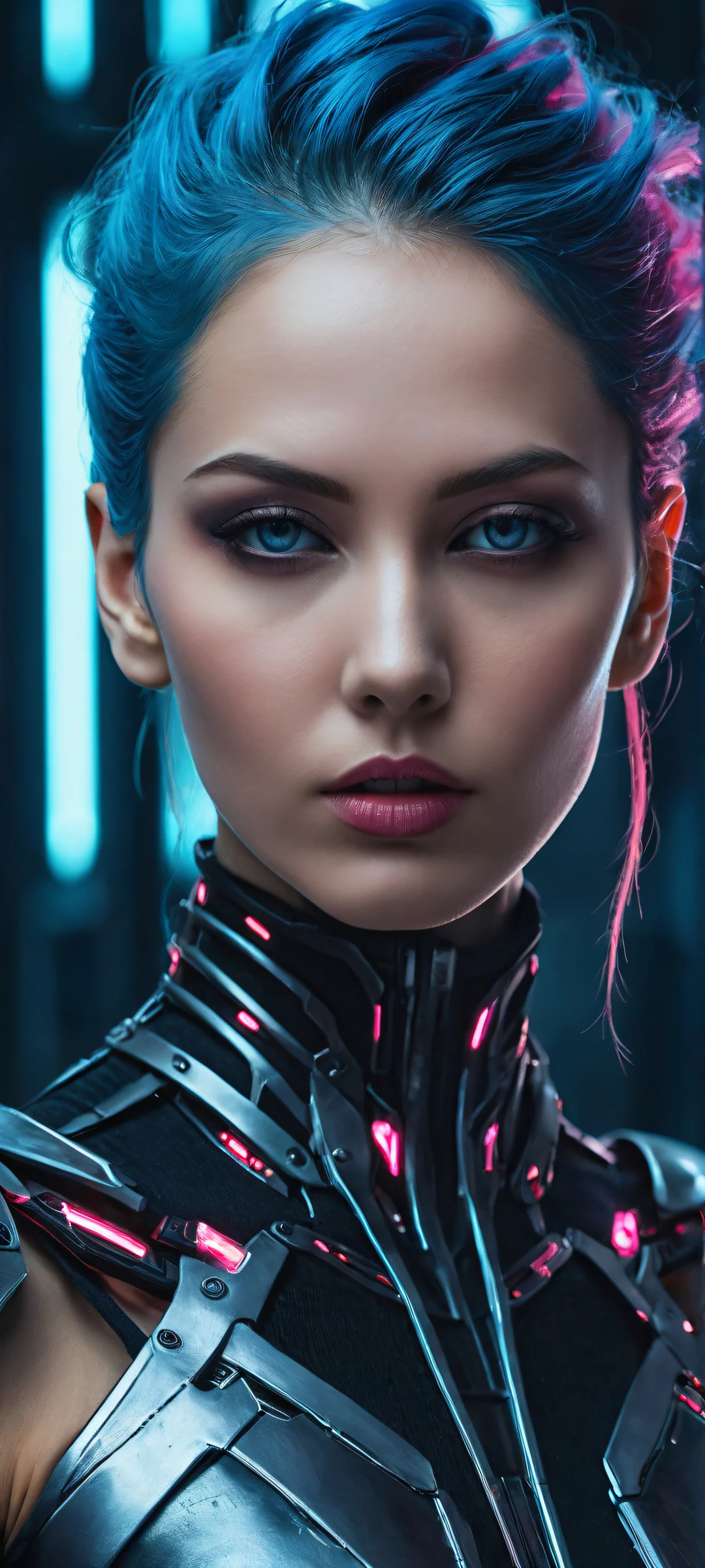 A half-body shot of a beautiful cyborg girl on iPhone/Android, showcasing cybernetic enhancements and a futuristic workshop in stunning 2K QHD resolution.