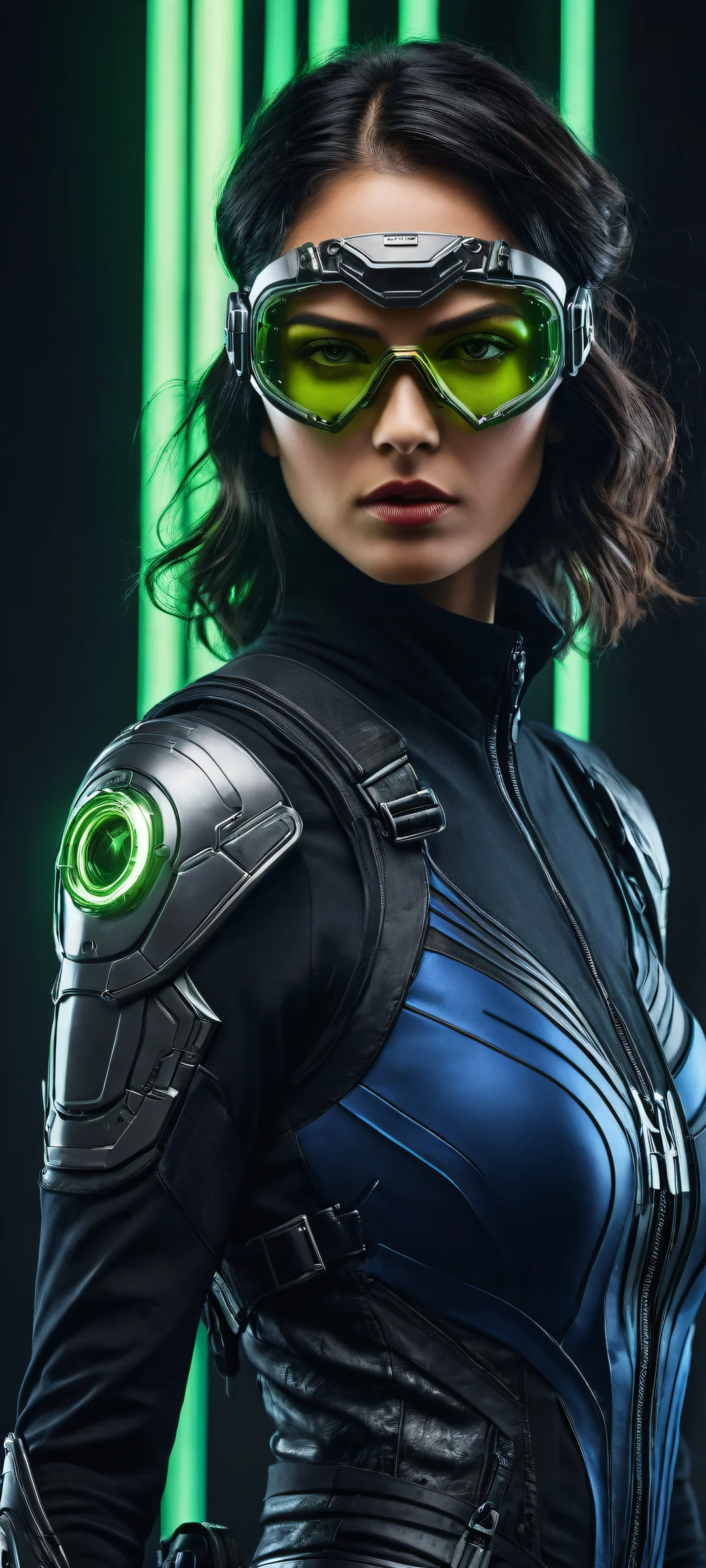 A futuristic cowgirl with cybernetic arm and goggles stands out against the vastness of space, perfekt für iPhone/Android-Startbildschirme.