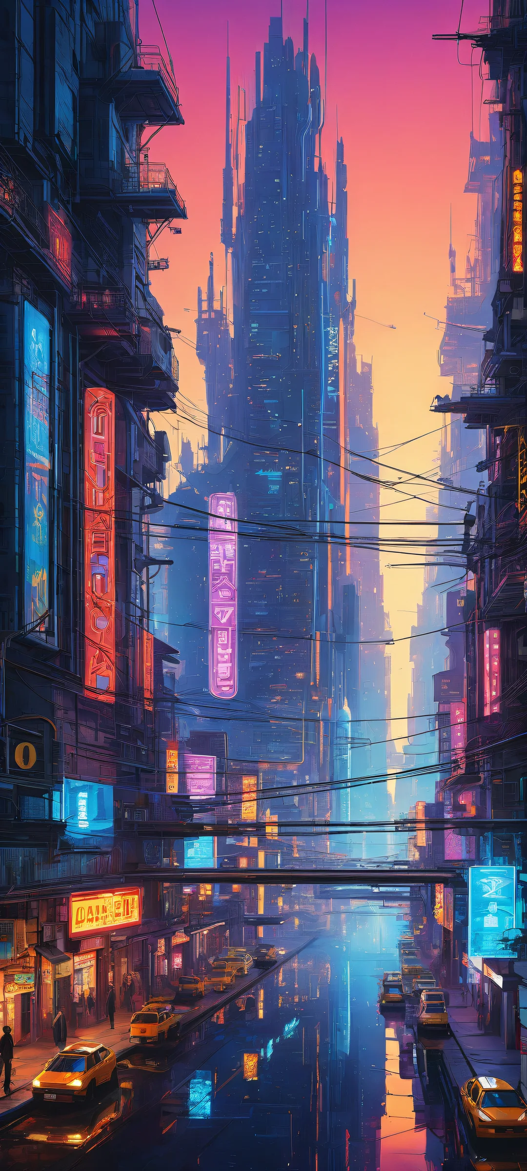 A futuristic cityscape with a cybernetic hierarchy in the lower-middle, parfaitement optimisé pour les écrans d'accueil iPhone et Android.