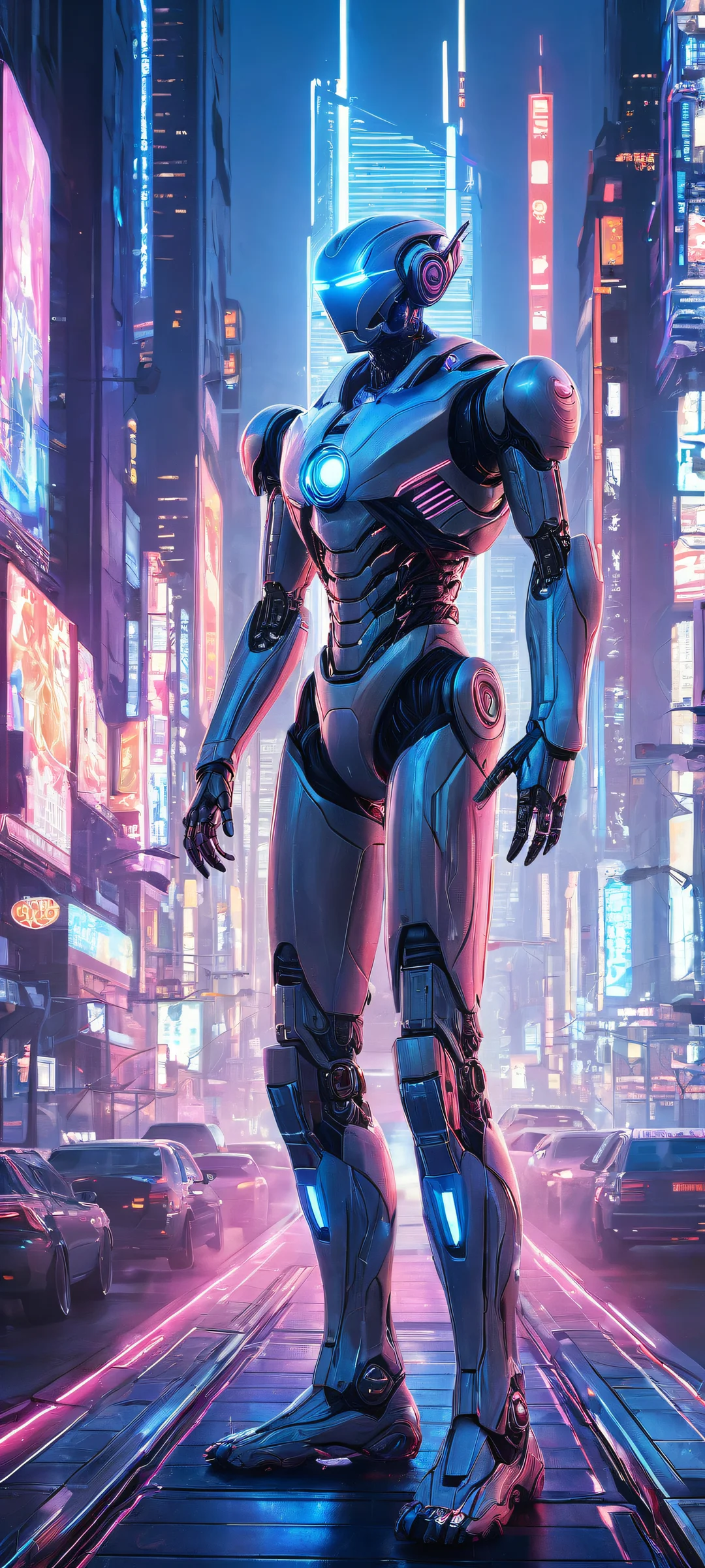 A futuristic robot stands out in the midst of a vibrant cityscape on an iPhone/Android screen, with intricate details and ethereal lighting.