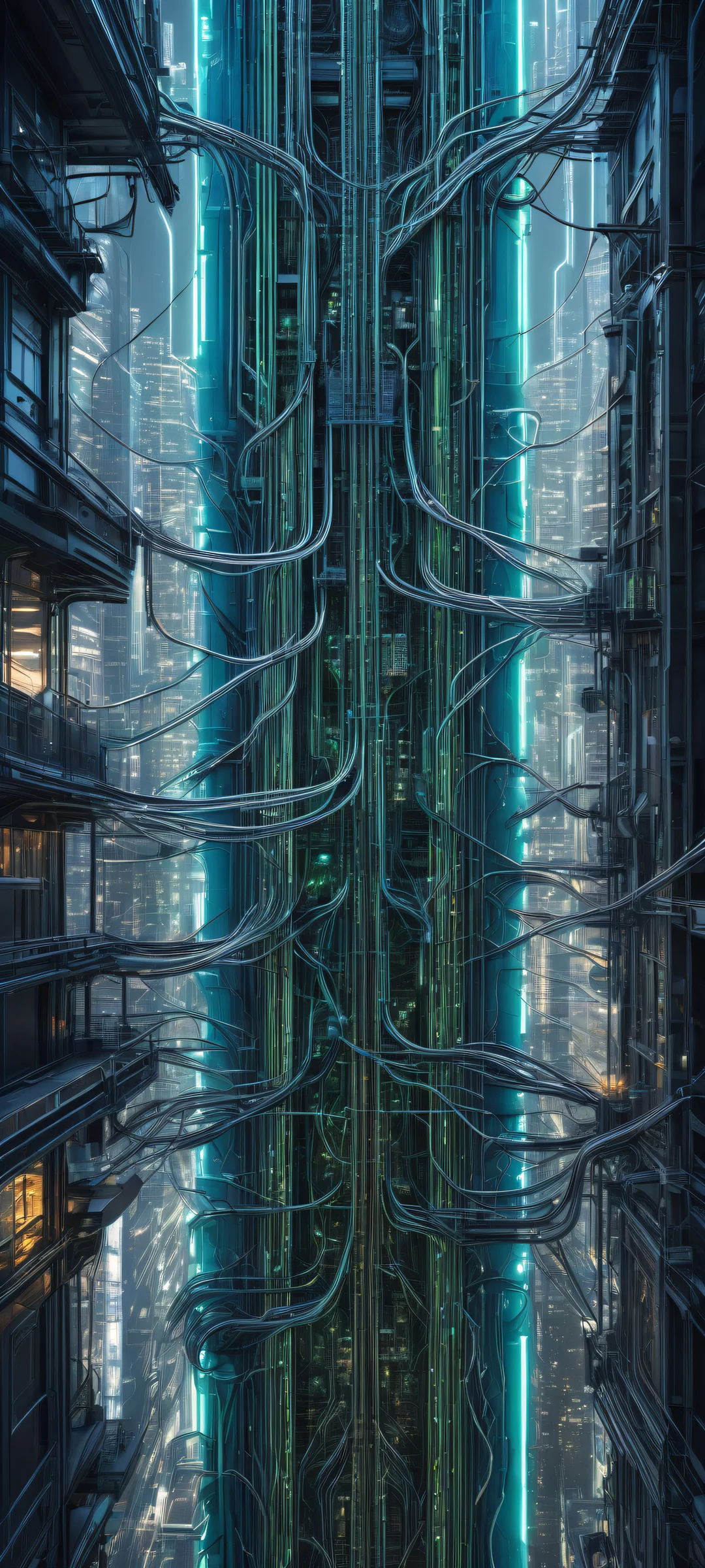 iPhone/Android compatible artwork of Cybernetic Organisms against a futuristic cityscape, with intricate circuitry details and luminescent accents.