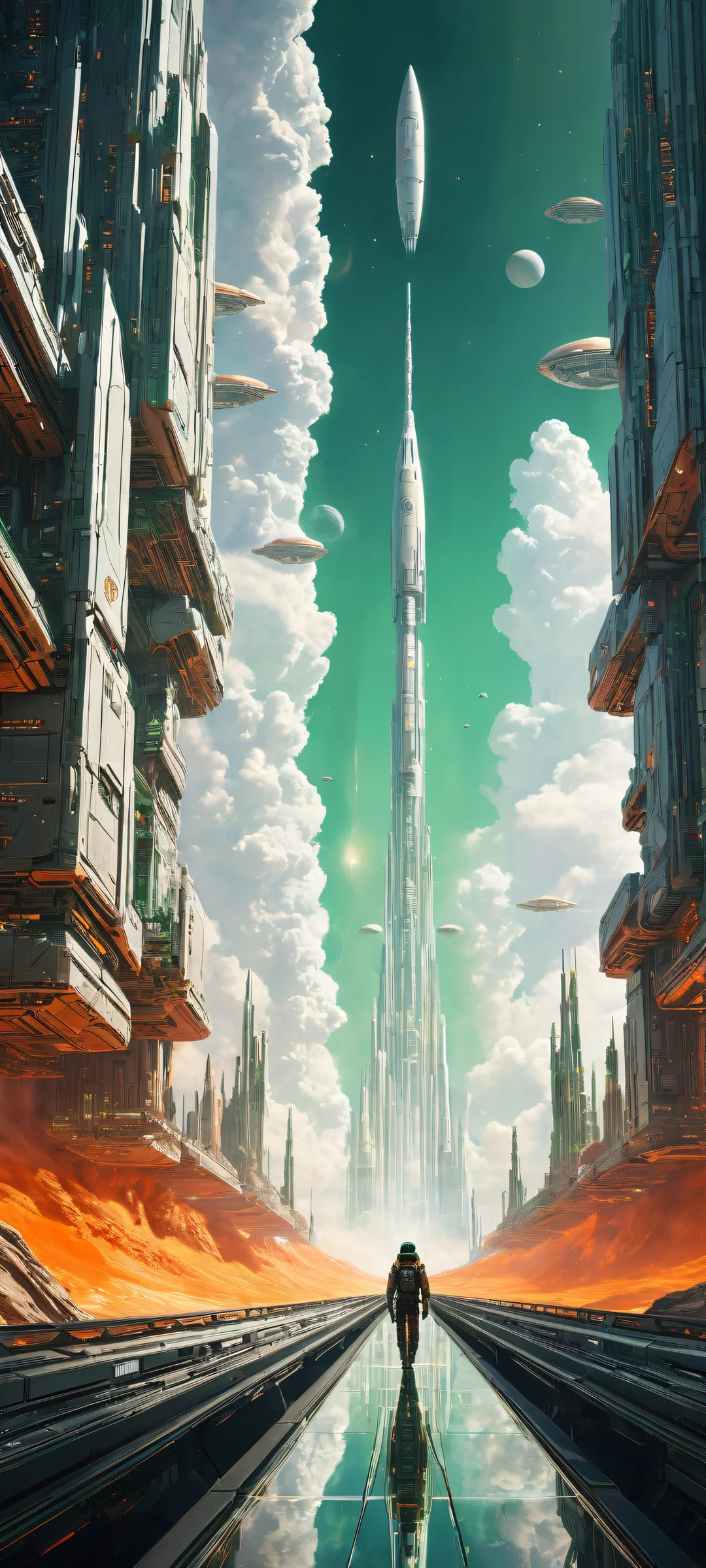 A futuristic cybernetic structure overlooks a fiery nebula on an iPhone or Android device, with radiant colors and perfect clarity.