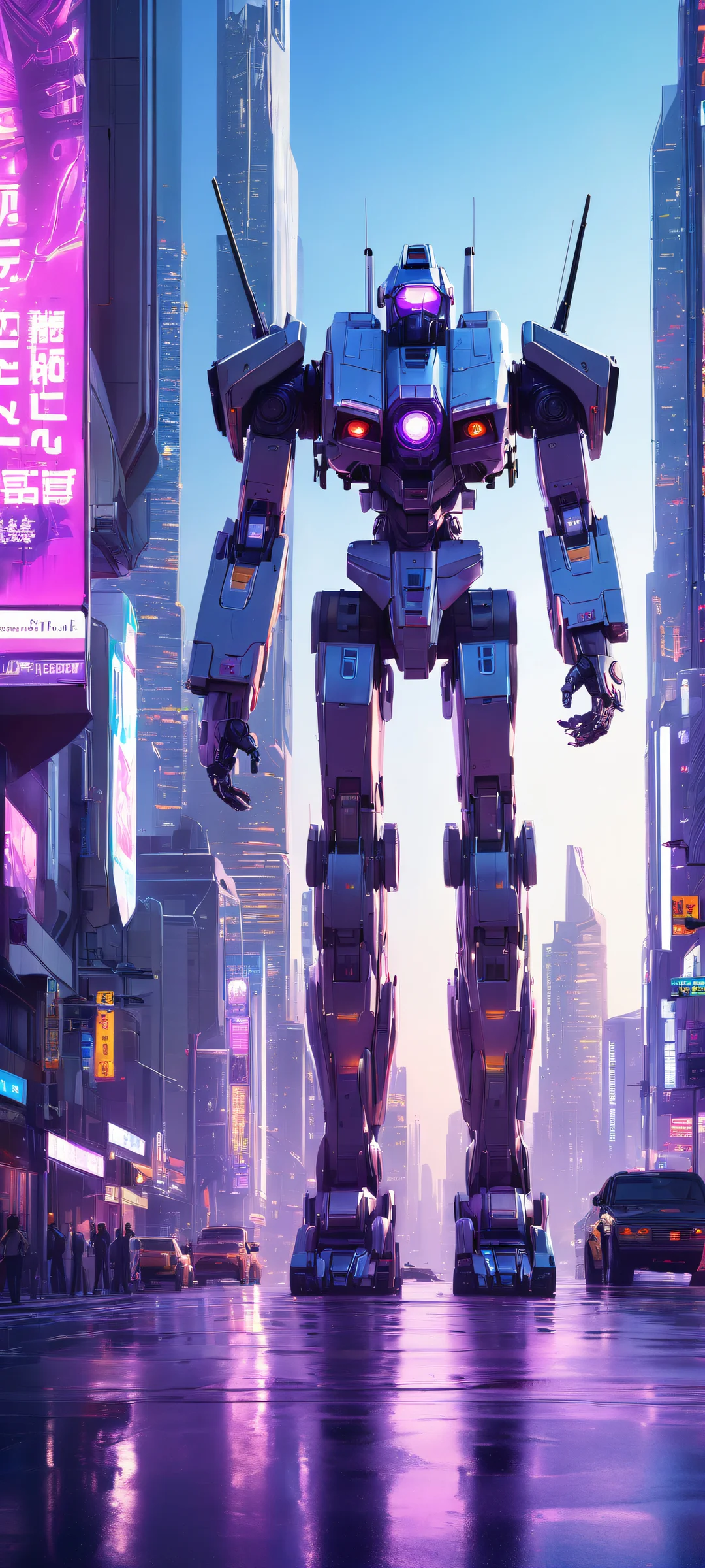 iPhone/Android compatible portrait artwork featuring futuristic mechs and cityscapes with neon lights, perfectly optimized for home screens.