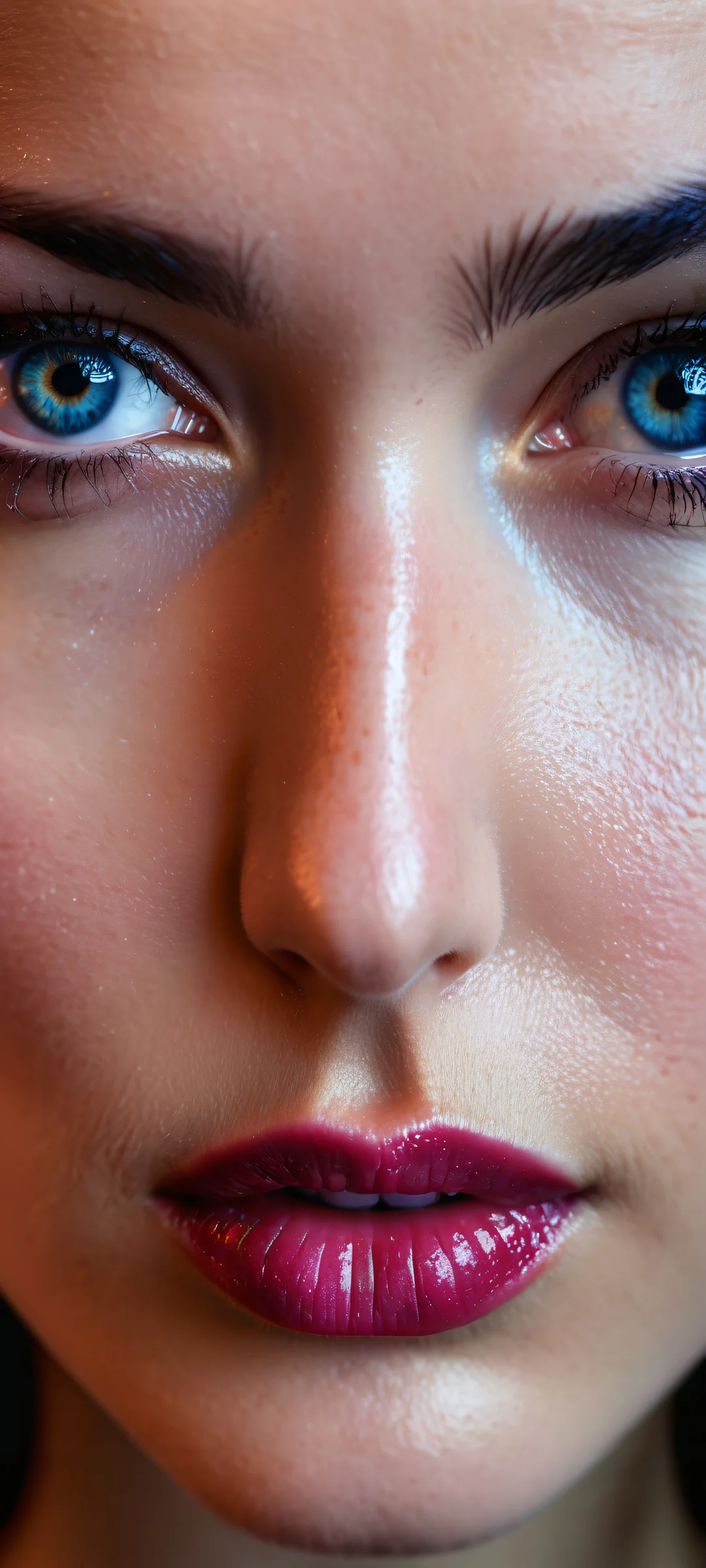 A stunning cybernetic portrait of a detailed face with intricate micro-details placed in the lower-middle, perfectly optimized for iPhone and Android home screens.