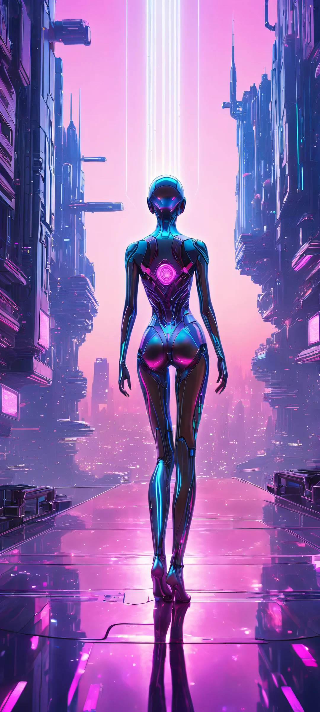 iPhone/Android wallpaper of a cybernetic organism in a futuristic cityscape with ethereal lighting and brilliant colors.