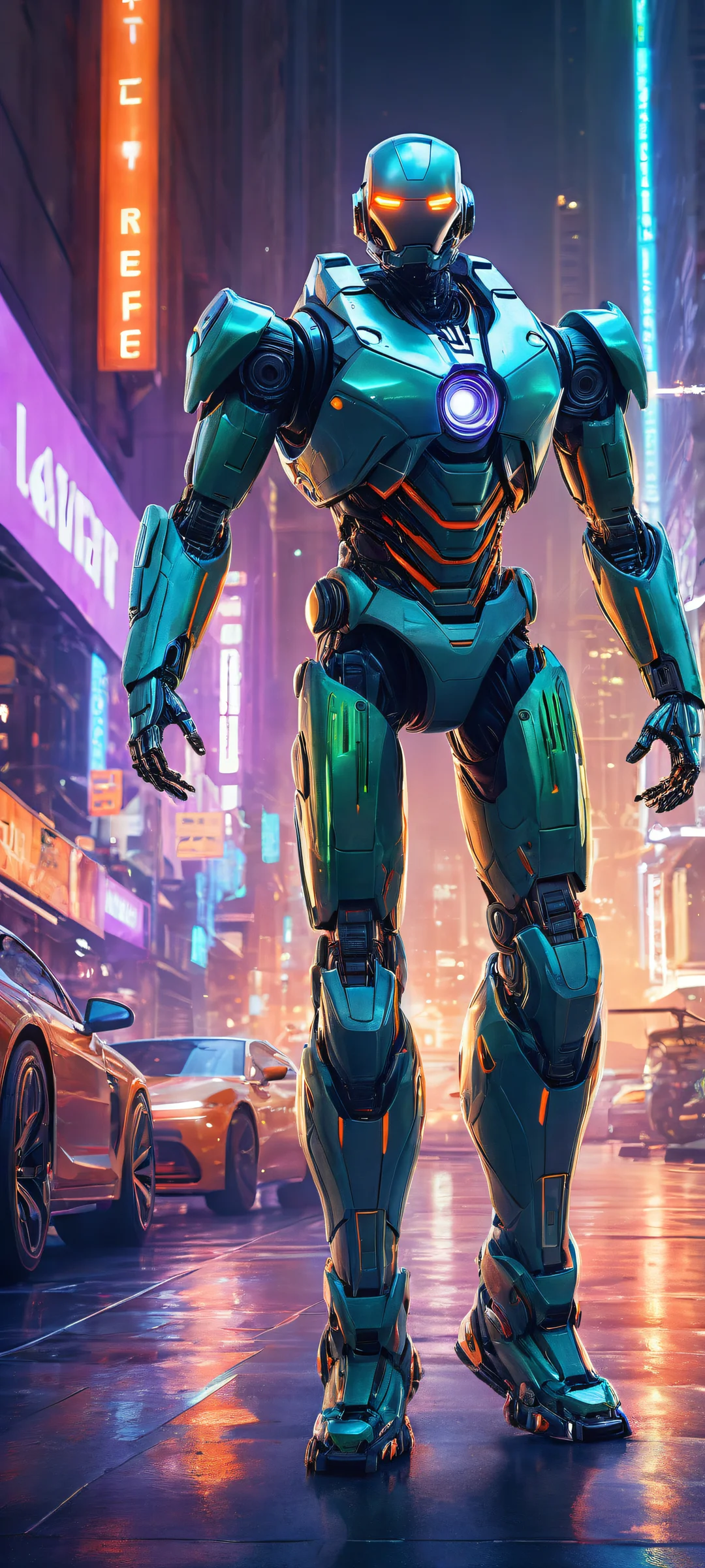 A futuristic robot in motion, surrounded by laser cannons and intricate machinery, perfectly optimized for iPhone, Samsung Galaxy, and Android home screens.