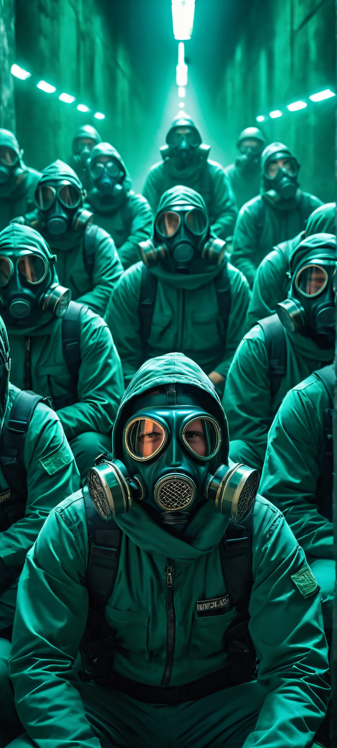 iPhone/Android users will love this stunning cyberpunk artwork featuring men in gas masks and squatting positions, set against a clean and minimalistic background with 8K resolution and pristine clarity.