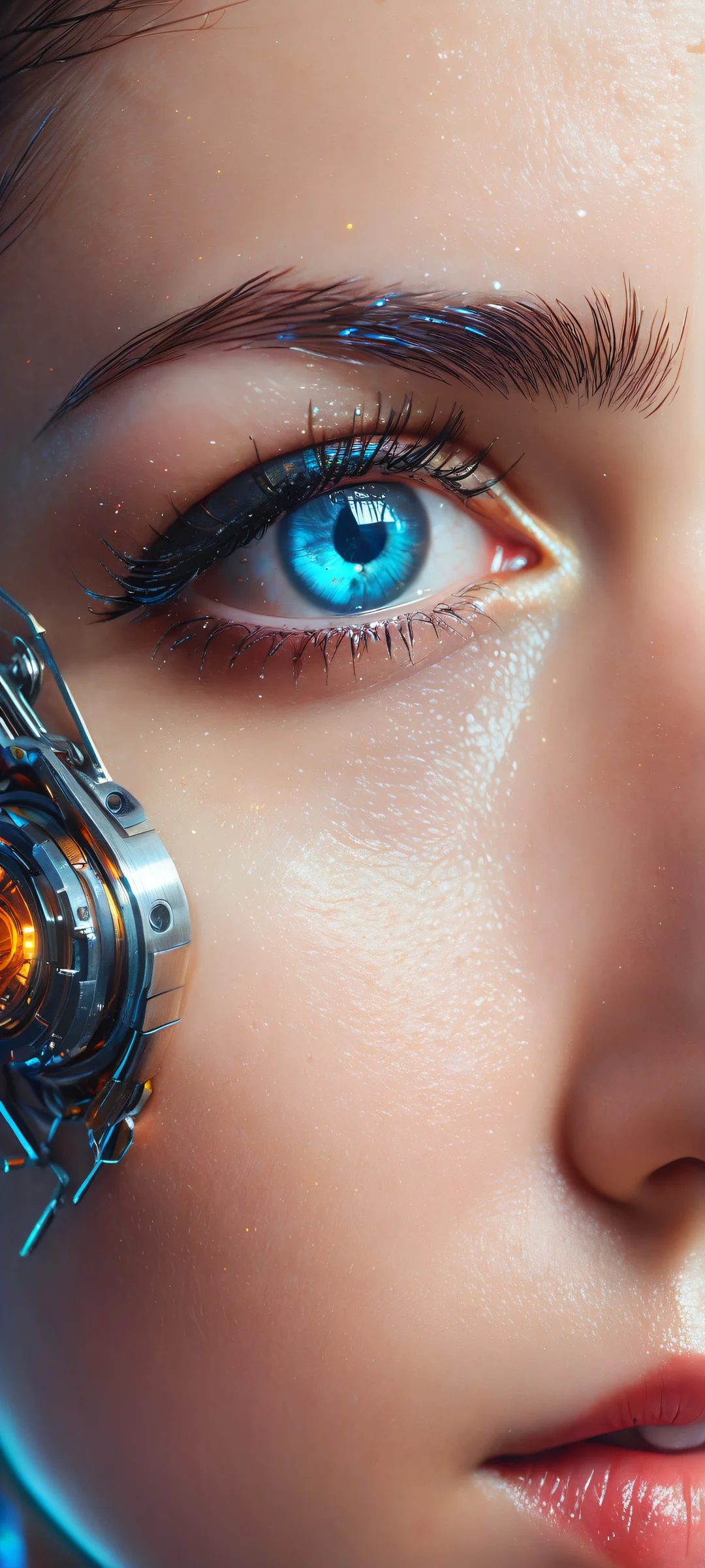 A futuristic portrait of cybernetic eyes surrounded by a void and a cityscape, perfectly optimized for iPhone/Android.