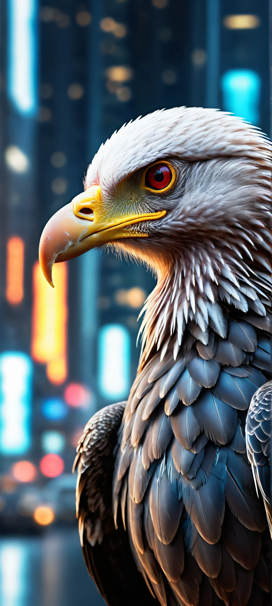A cybernetic vulture perched on sleek, futuristic architecture or neon-lit cityscapes, perfectly optimized for iPhone and Android home screens.
