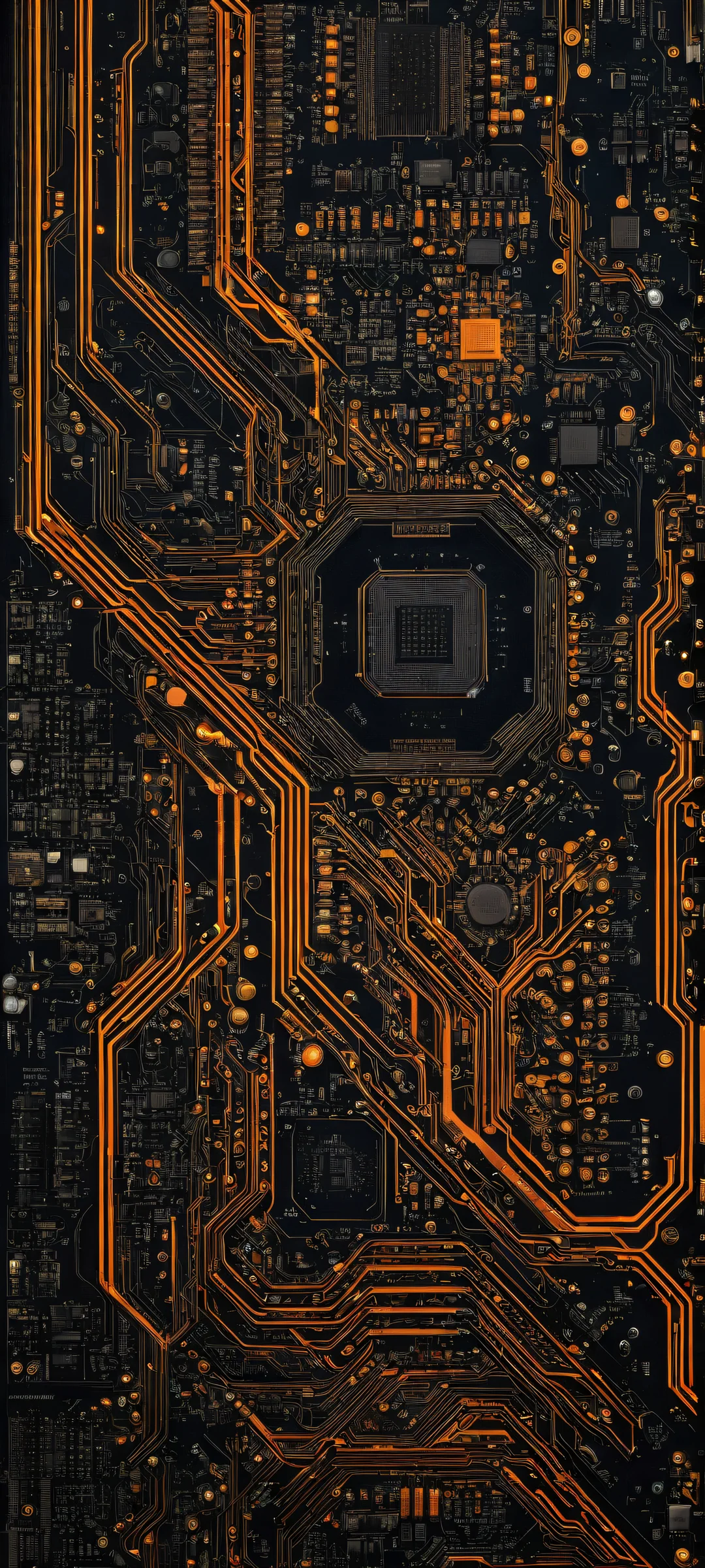 Cyberpunk Circuitry 2K QHD Mobile Wallpaper iPhone and Android device featuring a stunning cyberpunk circuit board artwork with perfect dark mode aesthetic, intricate micro-details, and sleek design.