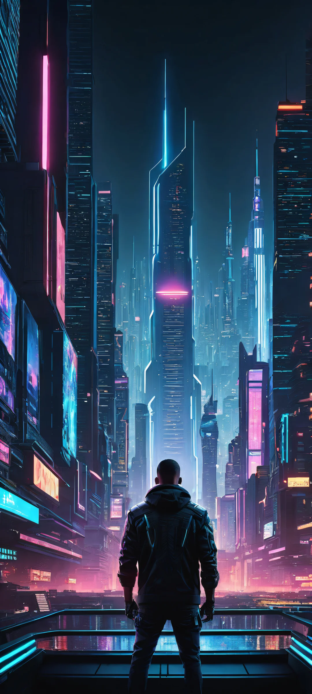 iPhone and Android users will love this breathtaking cyberpunk cityscape wallpaper featuring V from Cyberpunk 2077, with intricate details and a sleek cyberdeck.