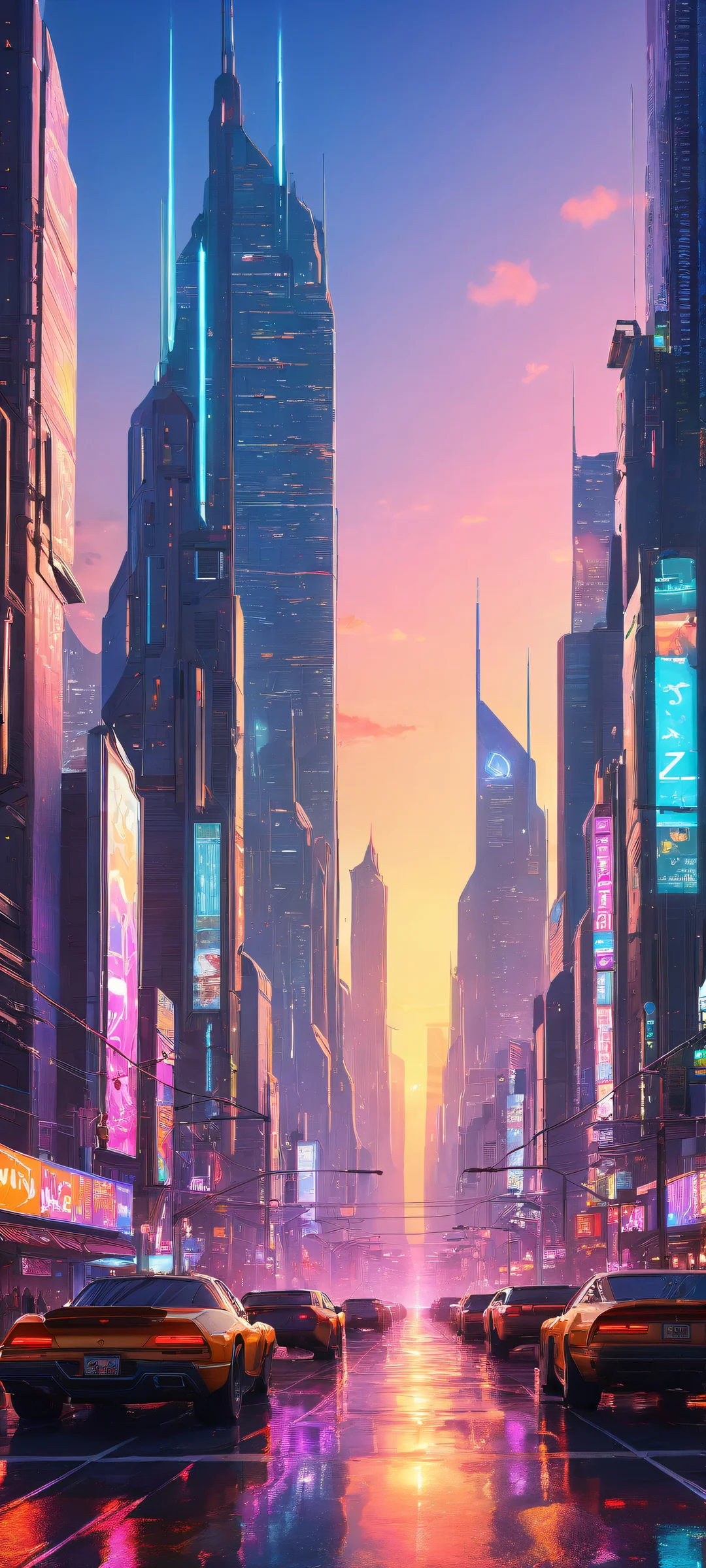 Breathtaking vertical portrait artwork of a futuristic cityscape with neon-lit billboards and a vast pure void, Perfectamente optimizado para pantallas de inicio de iPhone/Android..