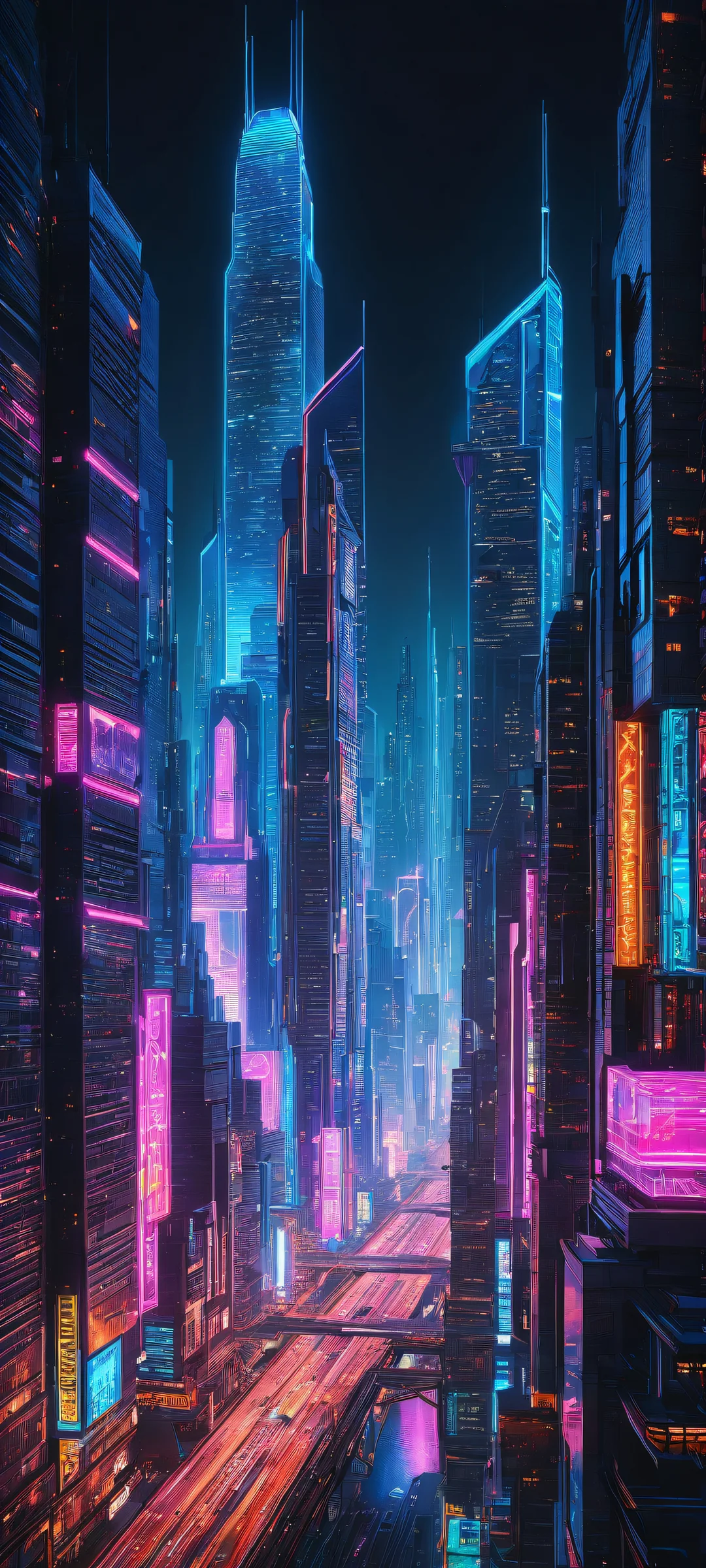 Cyberpunk Cityscape QHD Smartphone Background Beautiful vertical portrait artwork featuring Cyberpunk Architecture with neon-lit circuitry and holographic interfaces on iPhone/Android.