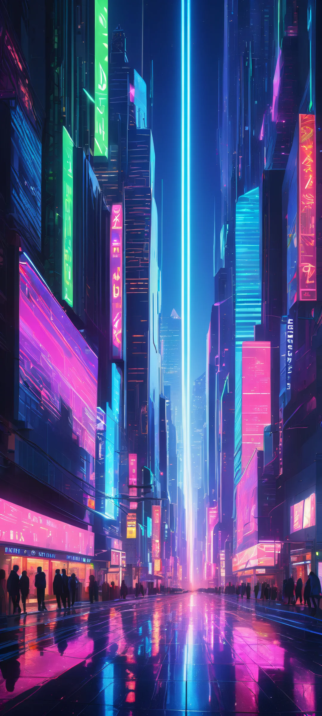 Futuristic cityscape artwork for iPhone/Android, with holographic advertisements and perfect dark mode aesthetic.