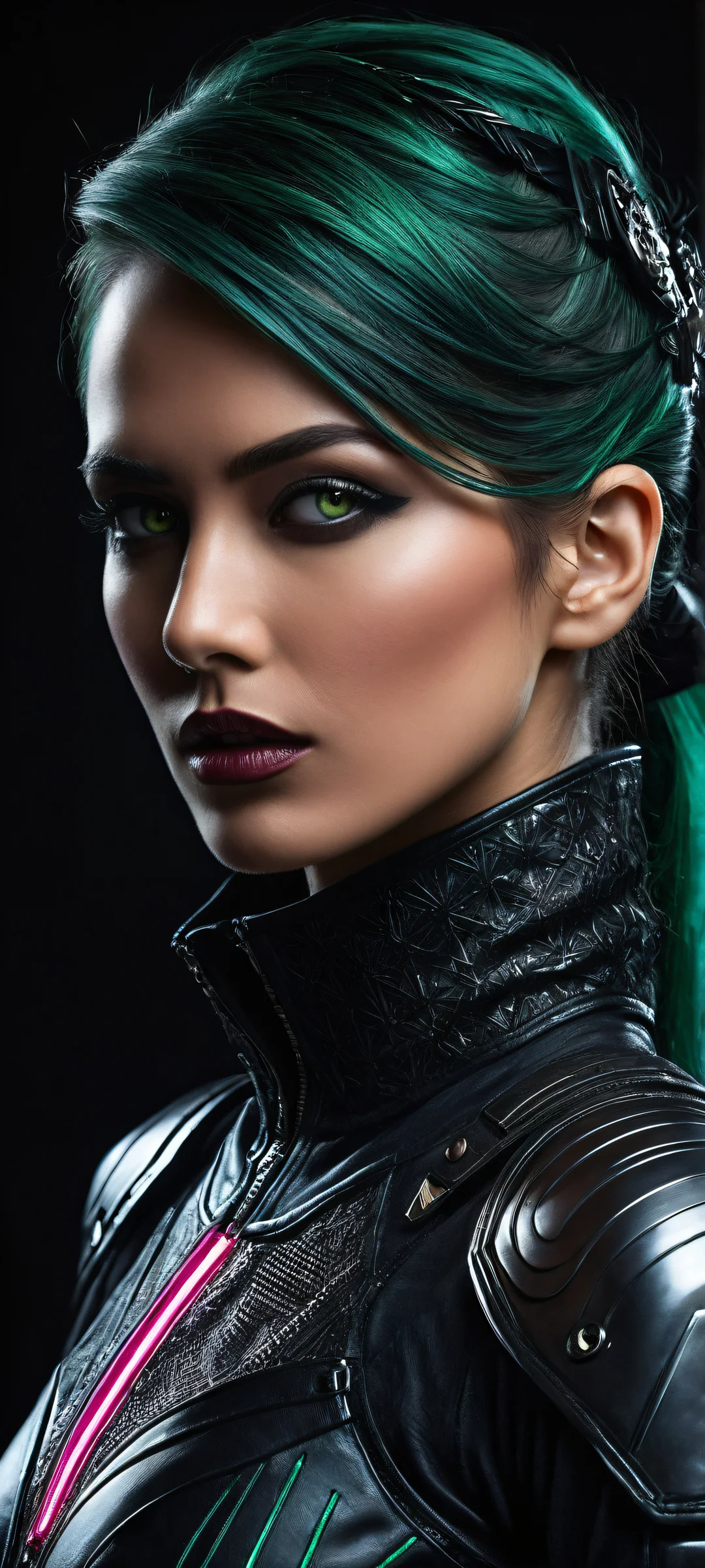 A stunning futuristic cowgirl on iPhone/Android home screen, with perfect facial expression and insane micro-details on her leather armor and hair.