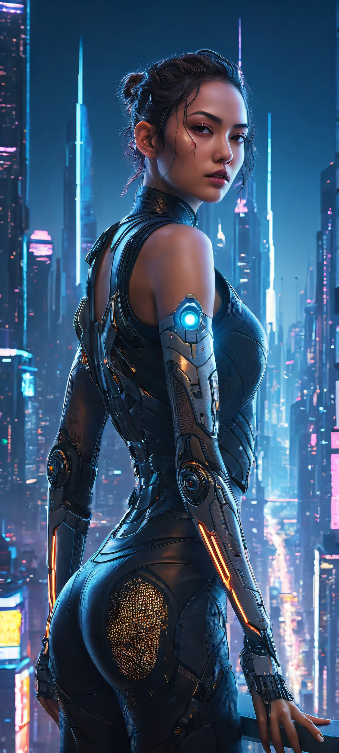 iPhone/Android wallpaper featuring a stunning cyberpunk cyborg girl with robotic arms and scarred athletic body, set against a vibrant neon cityscape.