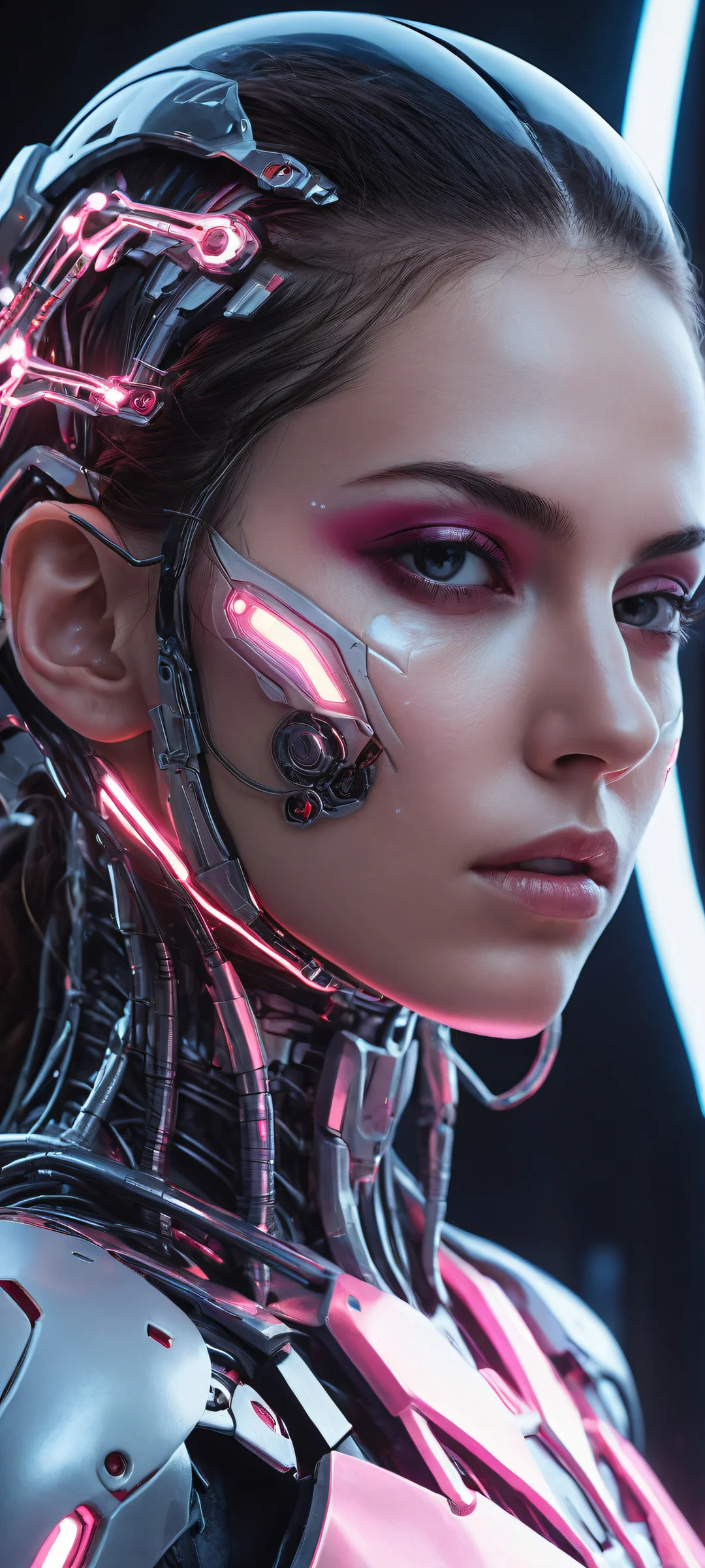 A cyborg girl repairs a detached skull on her iPhone/Android device.