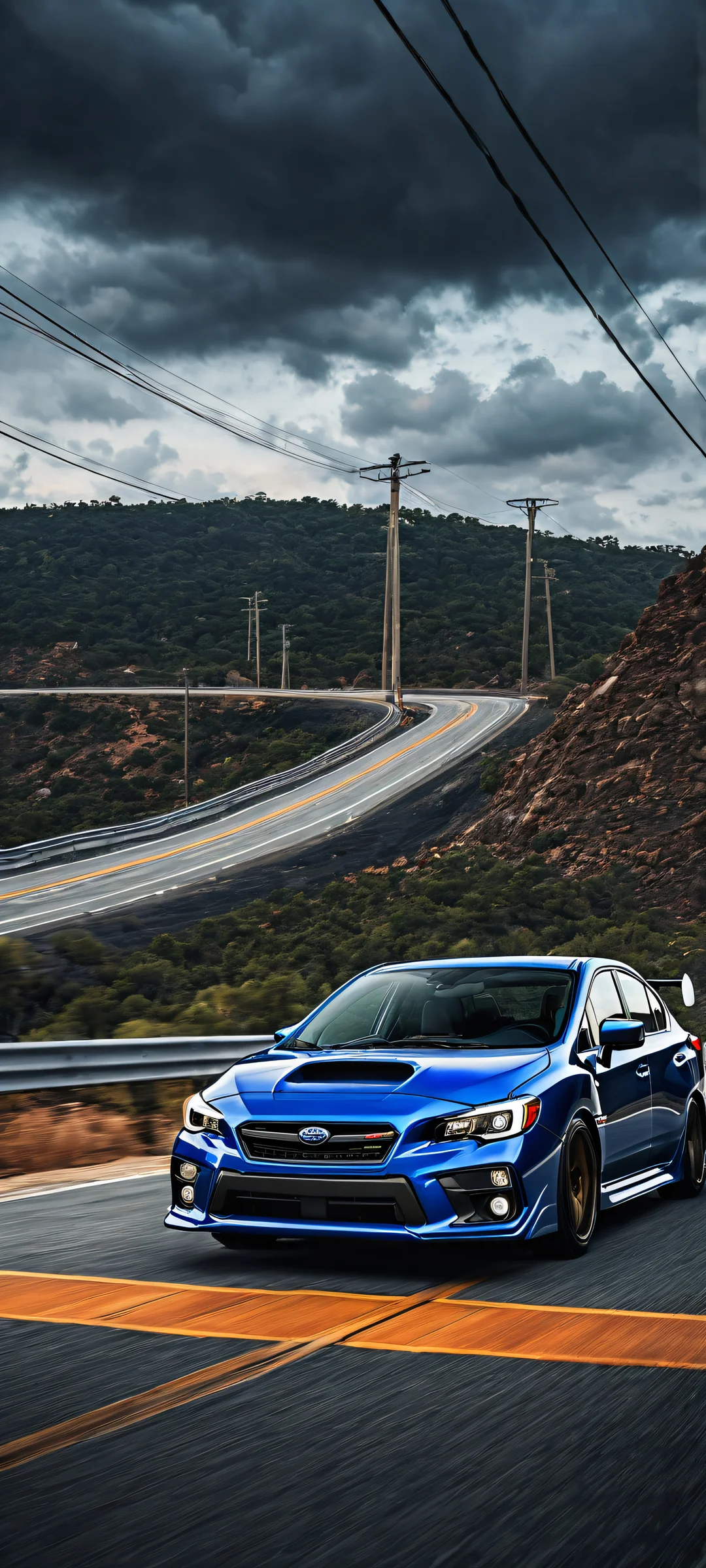 A stunning digital artwork of a Subaru WRX in the midst of clouds and power lines, perfekt optimiert für das iPhone, Samsung Galaxy, und Android-Startbildschirme.