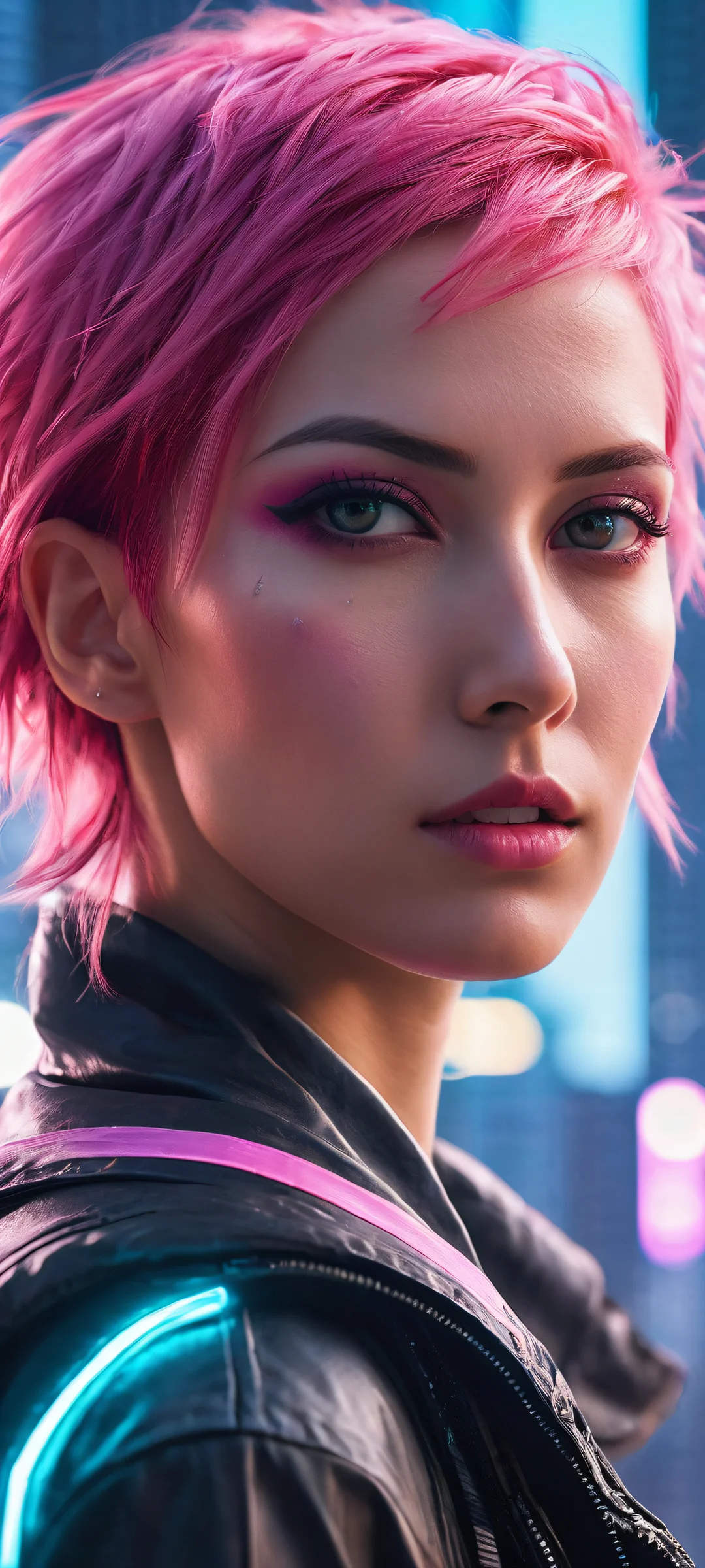 Ethereal cyberpunk girl with pink hair on a futuristic cityscape background. Perfect for iPhone/Android home screens.