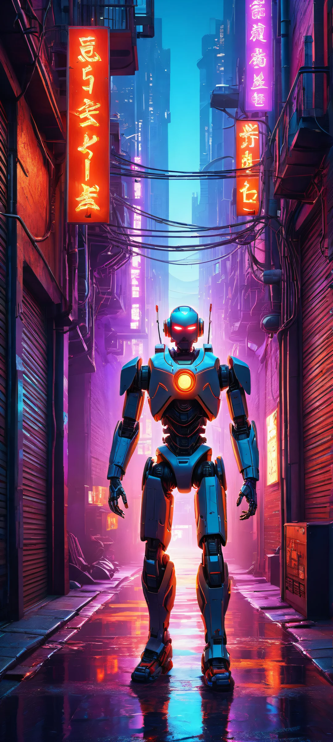 Futuristic robot in a neon-lit alleyway for iPhone/Android