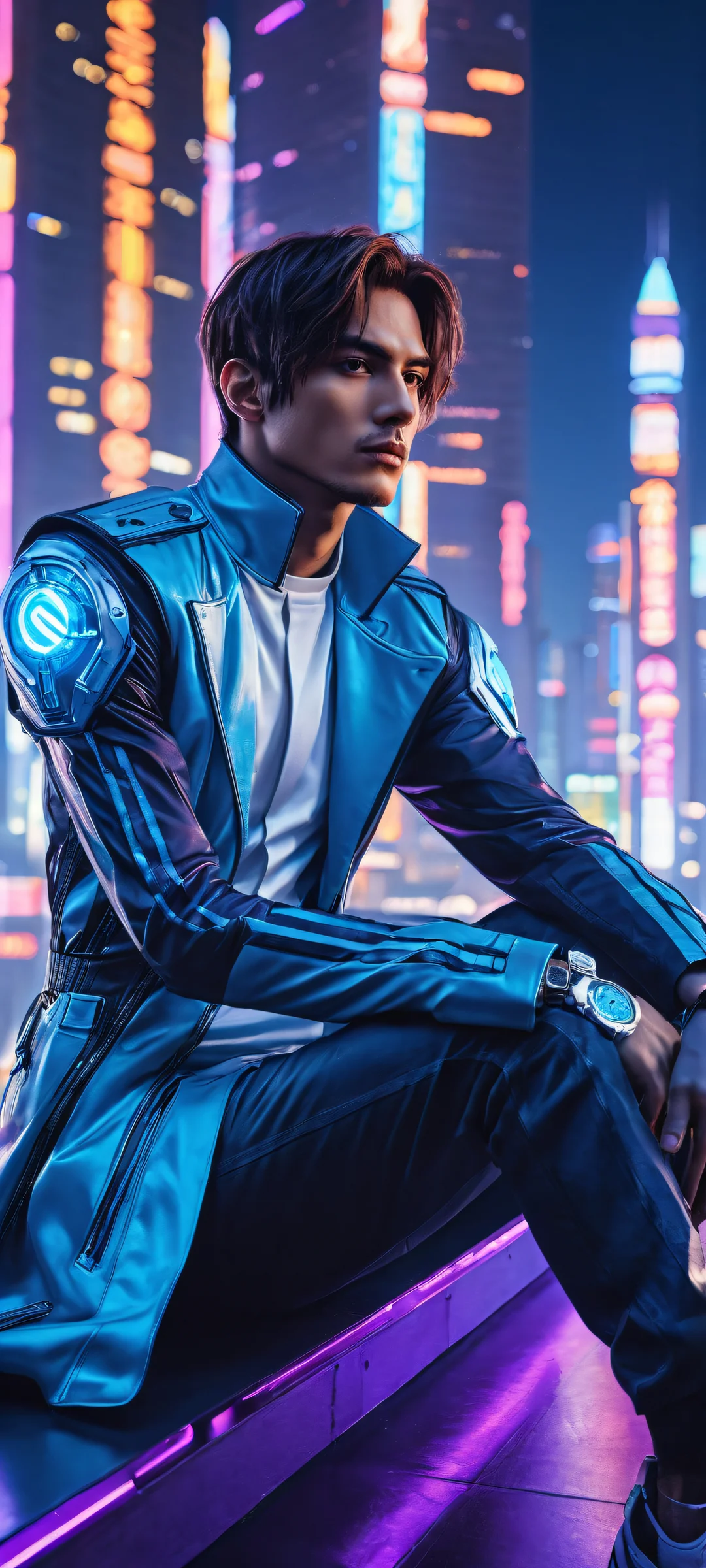 iPhone and Android user's stunning wallpaper featuring Leon McNichol in a futuristic cityscape at dusk, with intricate details and ray-traced reflections.