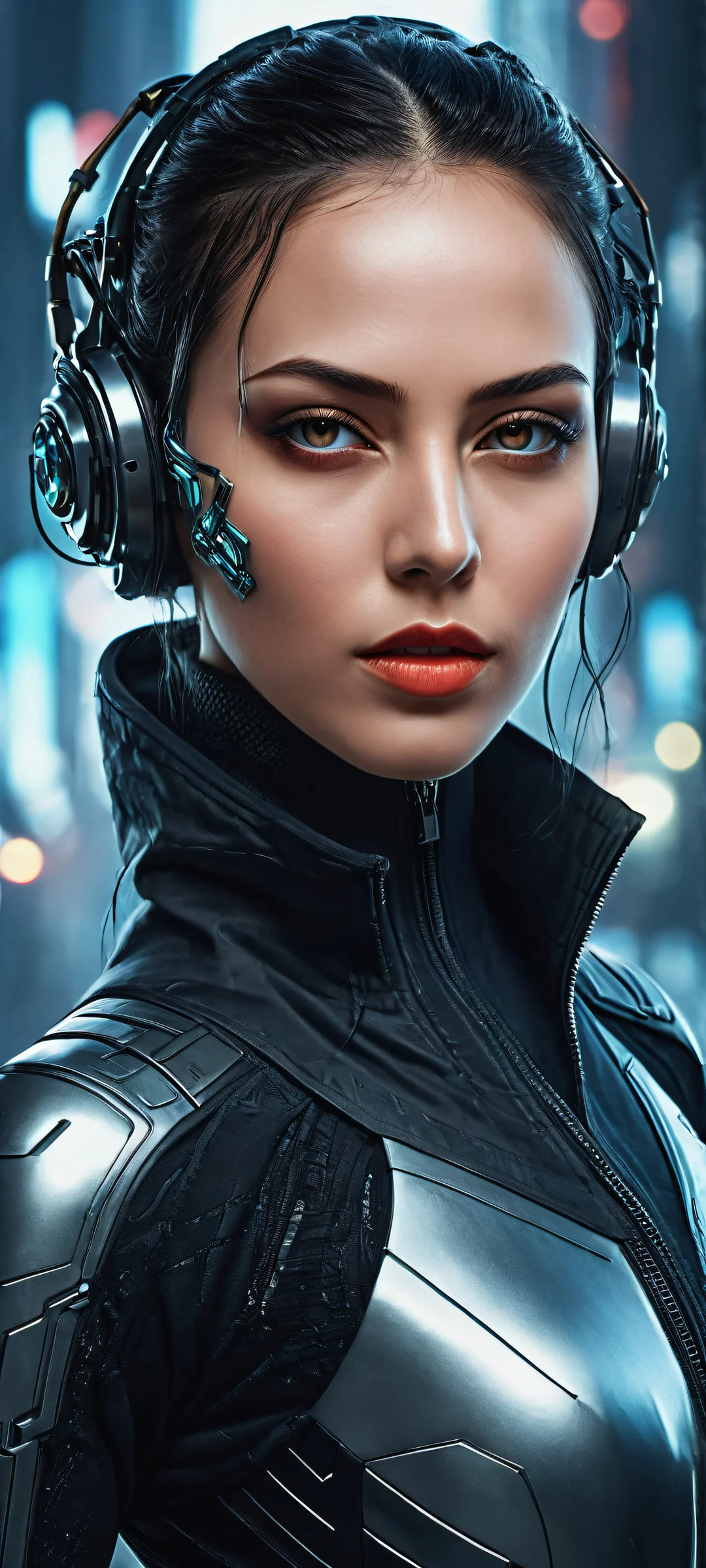 Stunning cyberpunk portrait on iPhone or Android phone background. Meticulously crafted digital artwork featuring a futuristic individual with intricate facial expressions, set against a vast pure void.