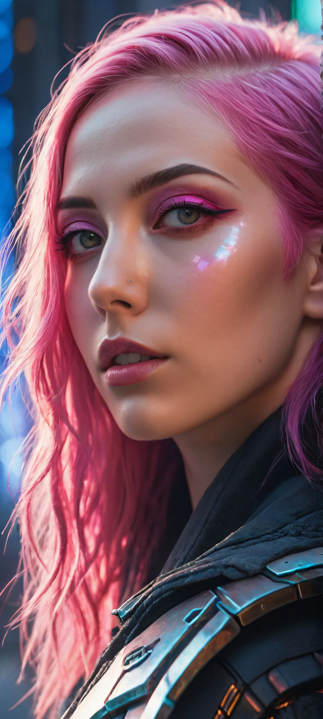 A stunning cyberpunk girl with pink hair sits in the lower-middle of a breathtaking vertical portrait, surrounded by intricate micro-details and extreme depth of field. Perfectly clean top half for UI widgets and a futuristic cityscape in the bottom half. iPhone/Android.