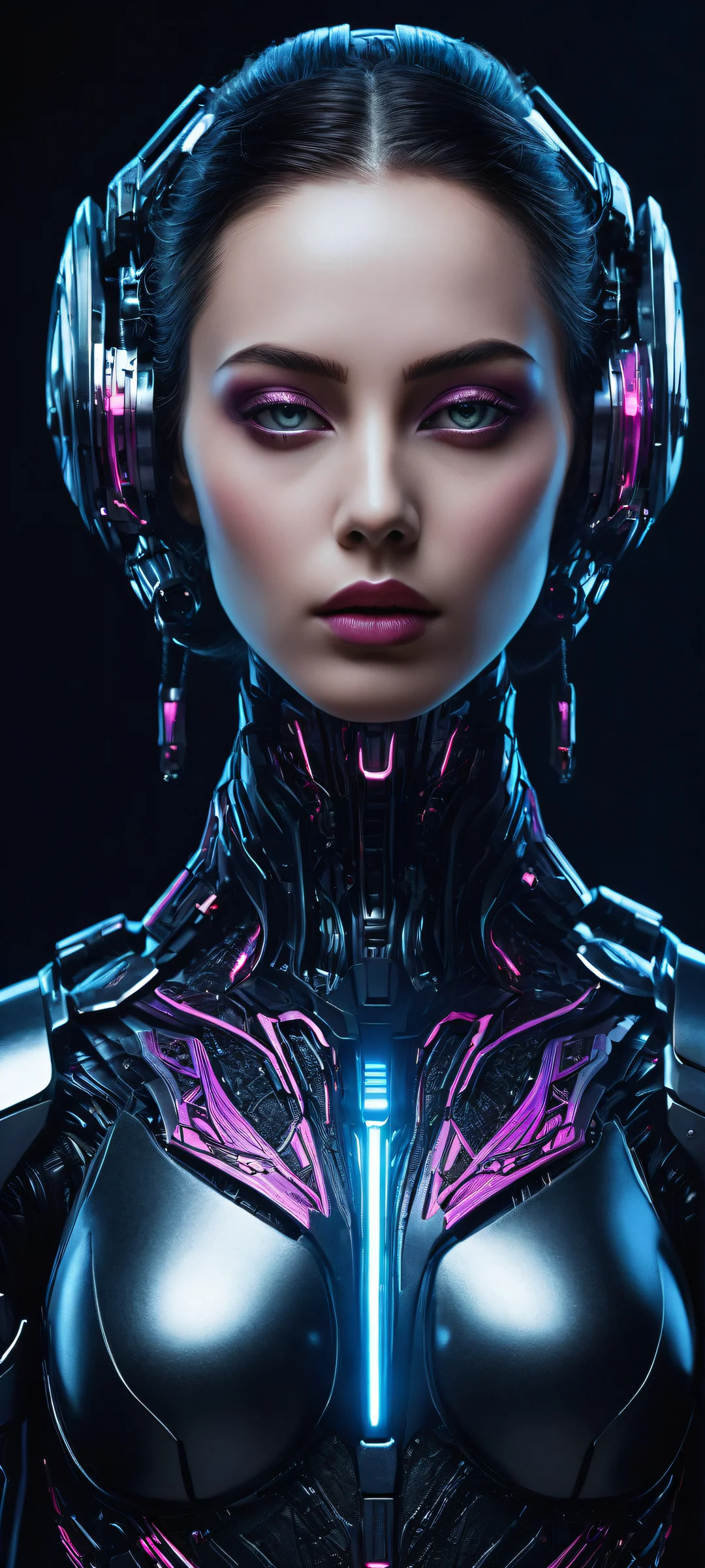 iPhone and Android users will love this stunning robot girl wallpaper with intricate micro-details, featuring neon blue and silver hues in a futuristic cyberpunk atmosphere.
